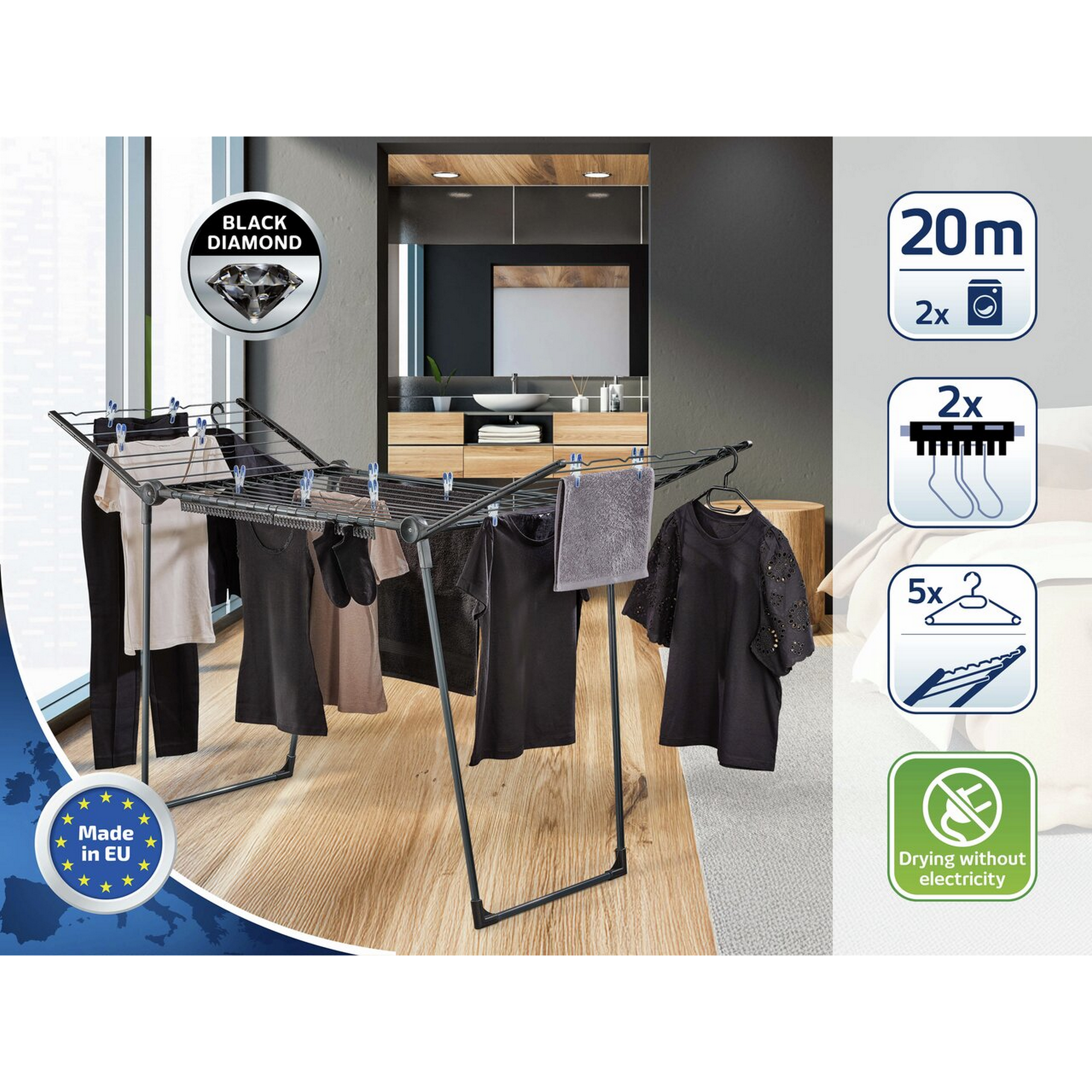 Standtrockner 'Pegasus 200 Solid Black' 167 x 107 x 67 cm