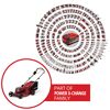 Einhell Akku-Rasenmäher mit vielen Werkzeugen der Power X-Change Familie.
