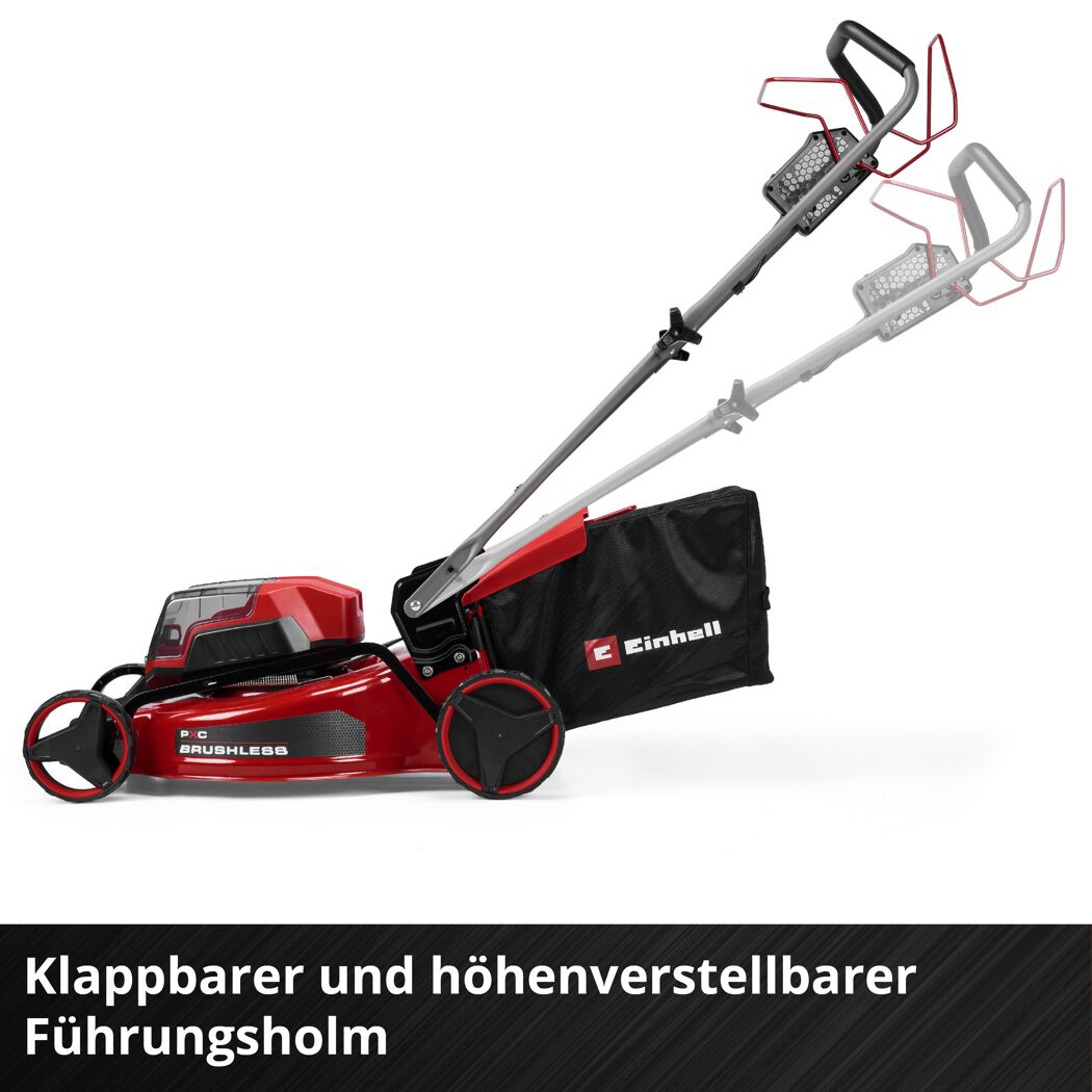 Roter Einhell Akku-Rasenmäher mit klappbarem und höhenverstellbarem Führungsholm.