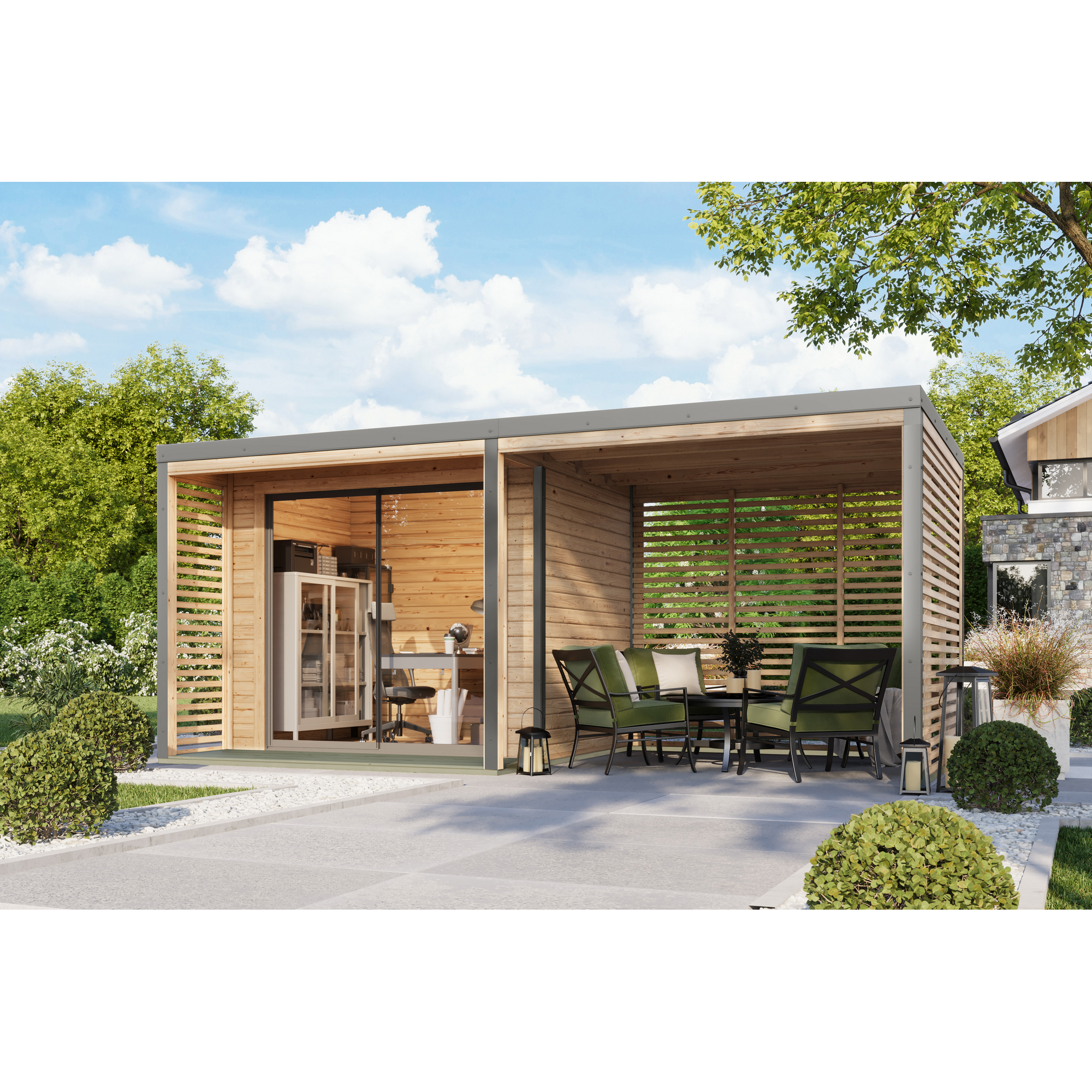 Gartenhaus-Set 'Neptun A' Fichtenholz naturbelassen/graualuminium 537,5 x 231,5 x 276 cm