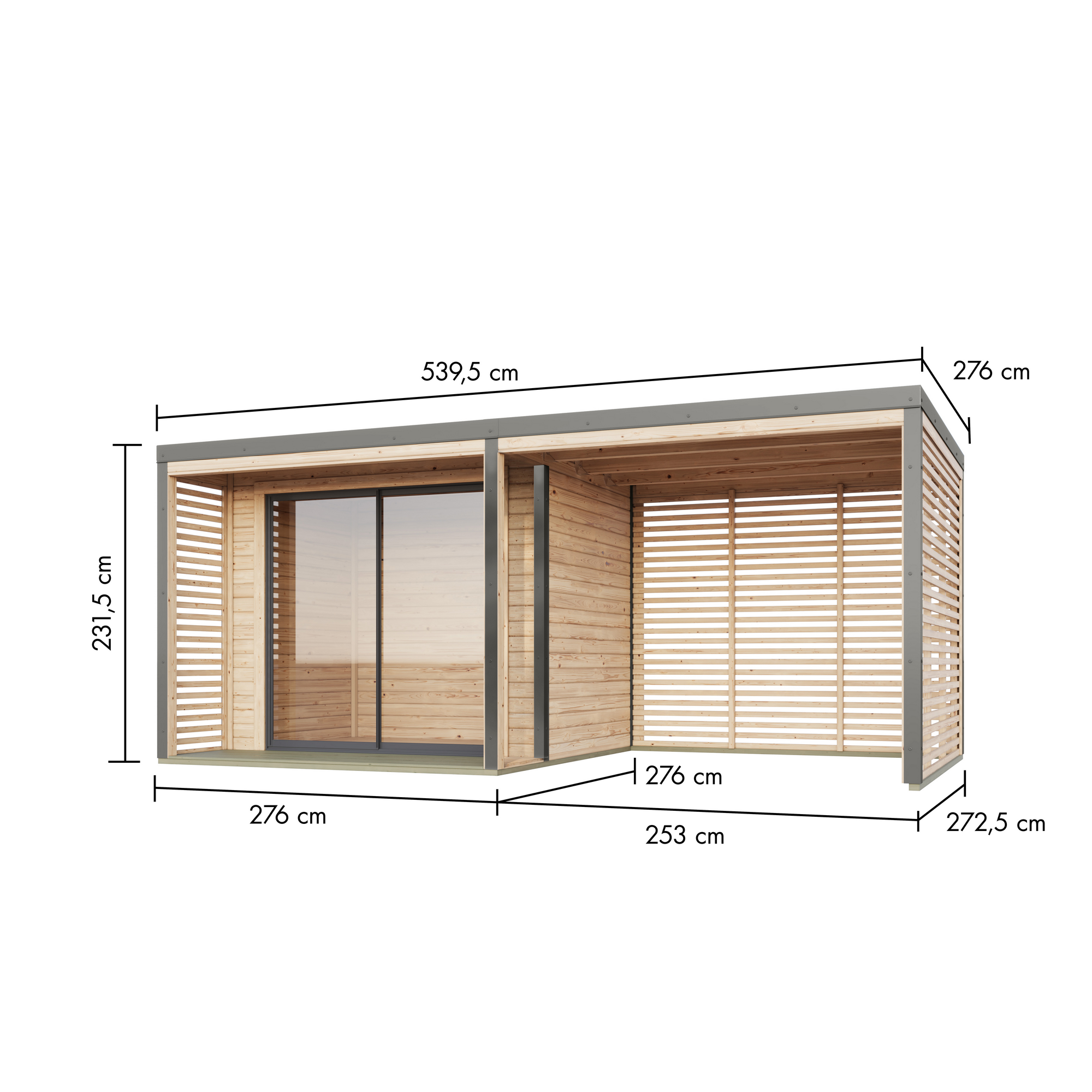 Gartenhaus-Set 'Neptun A' Fichtenholz naturbelassen/graualuminium 537,5 x 231,5 x 276 cm