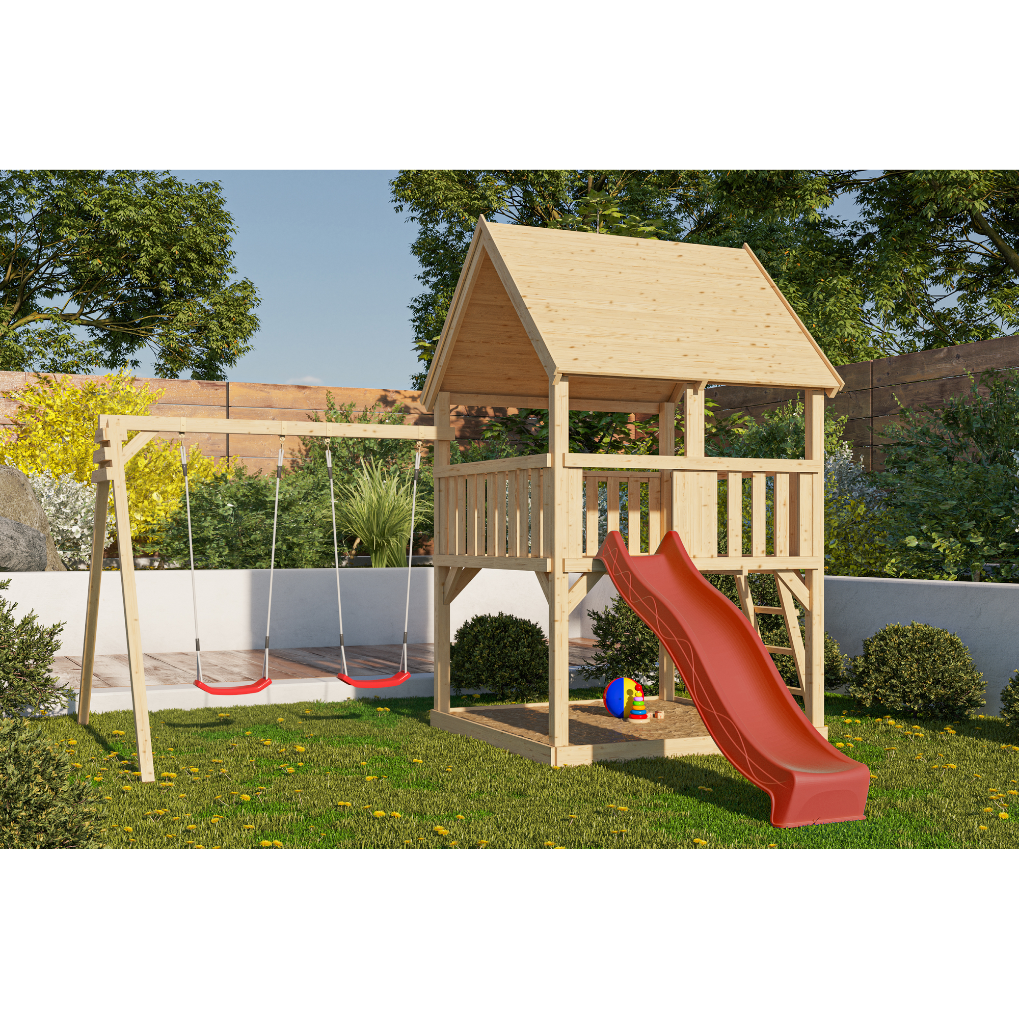 Spielturm 'Ida' mit Doppelschaukel, Rutsche rot 440 x 394 x 345 cm