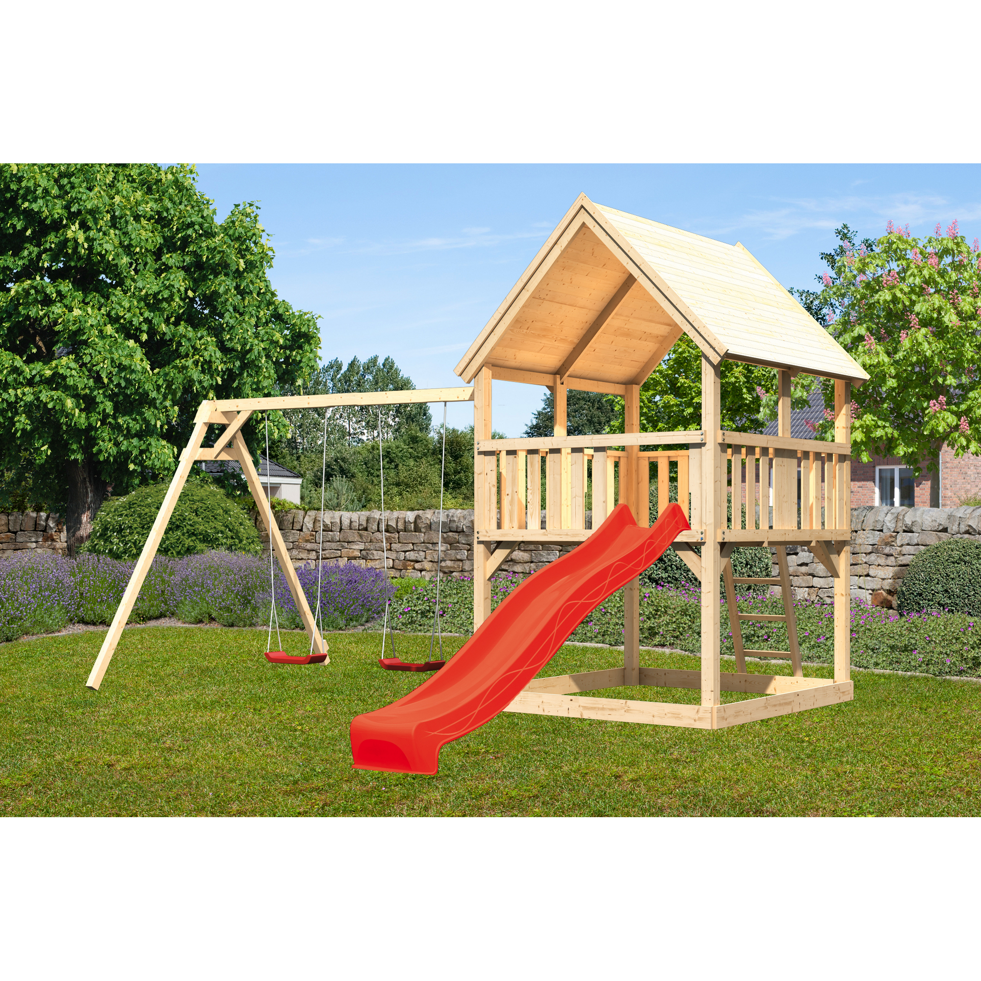 Spielturm 'Ida' mit Doppelschaukel, Rutsche rot 440 x 394 x 345 cm
