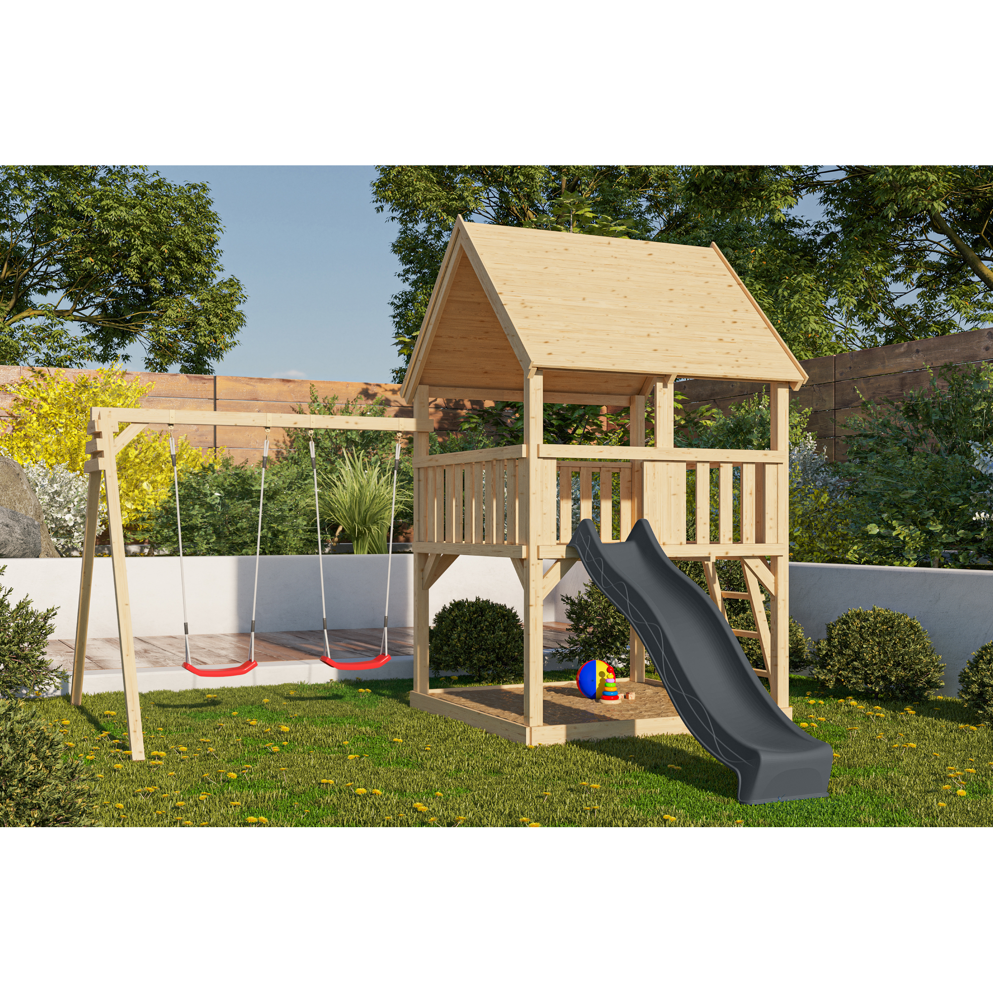 Spielturm 'Ida' naturbelassen mit Rutsche anthrazit, Doppelschaukel 440 x 394 x 345 cm