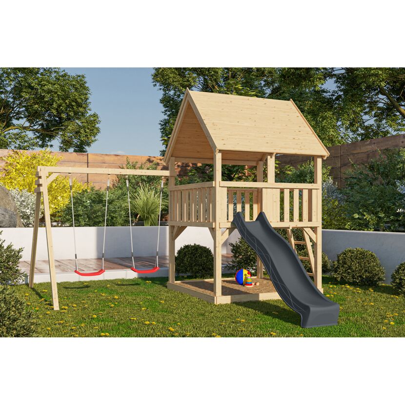 Spielturm 'Ida' naturbelassen mit Rutsche anthrazit, Doppelschaukel 440 x 394 x 345 cm