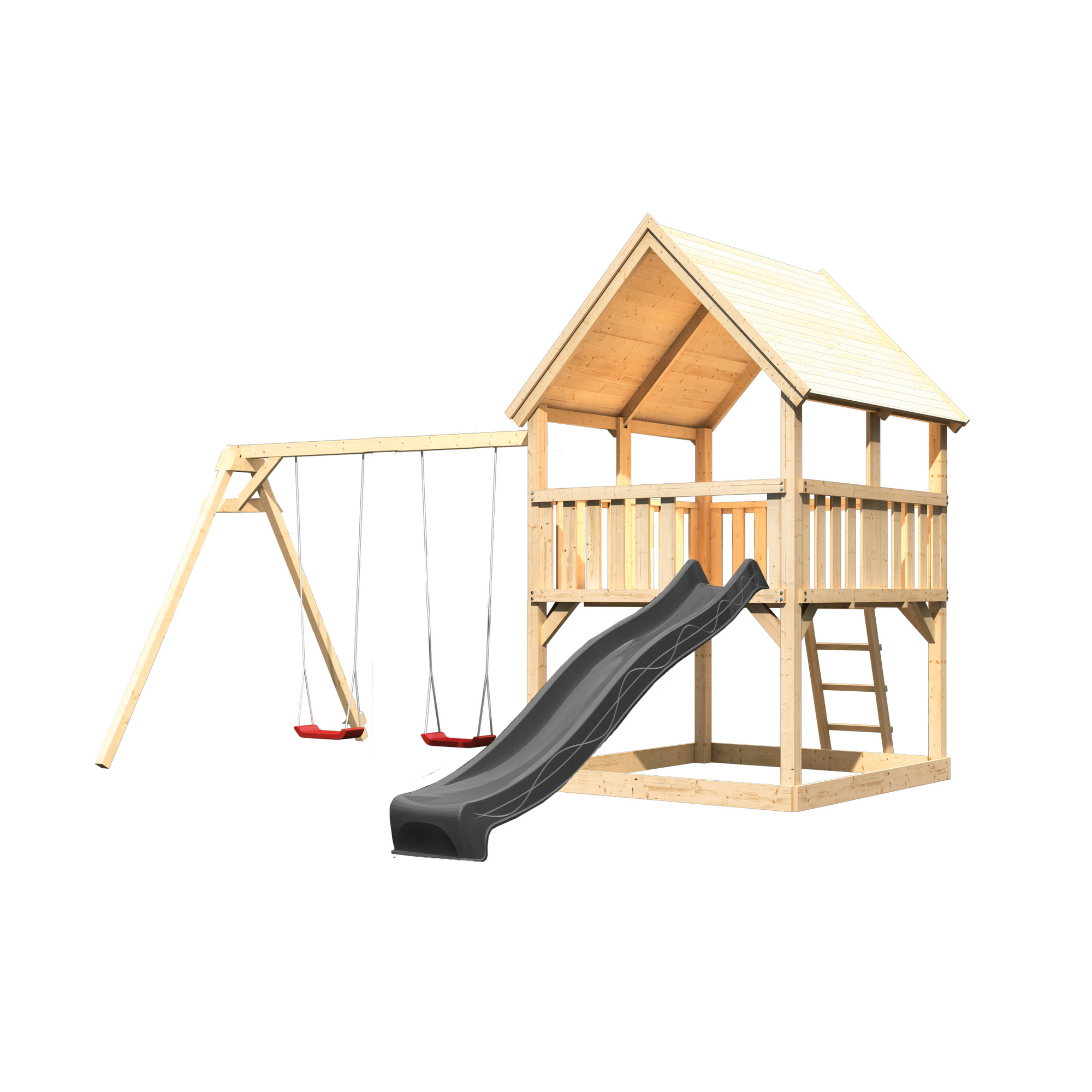 Spielturm 'Ida' naturbelassen mit Rutsche anthrazit, Doppelschaukel 440 x 394 x 345 cm