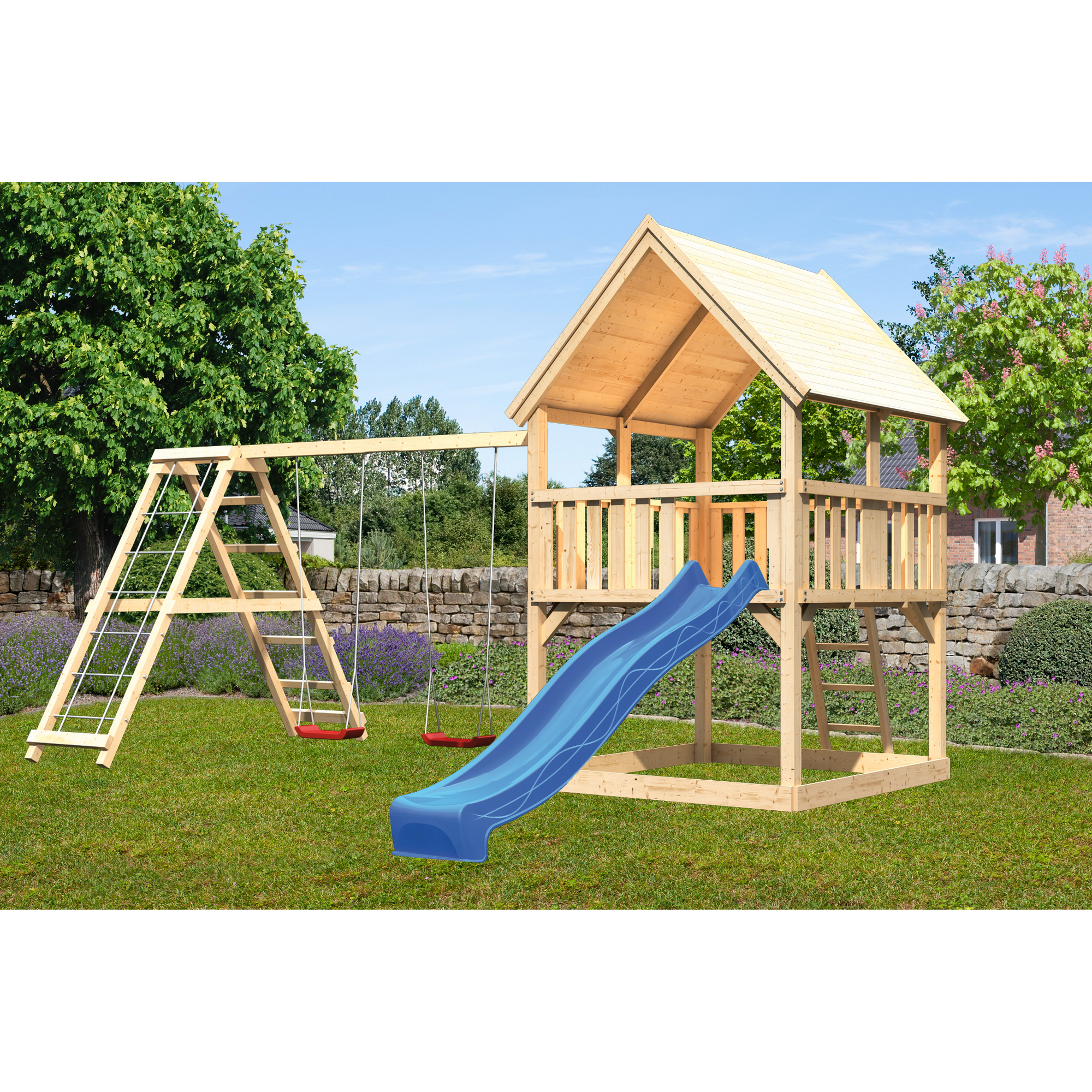Spielturm 'Ida' naturbelassen mit  Doppelschaukel, Rutsche blau 508 x 394 x 345 cm