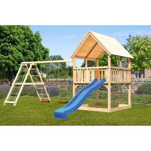 Spielturm 'Ida' naturbelassen mit Doppelschaukel, Rutsche blau 508 x 394 x 345 cm