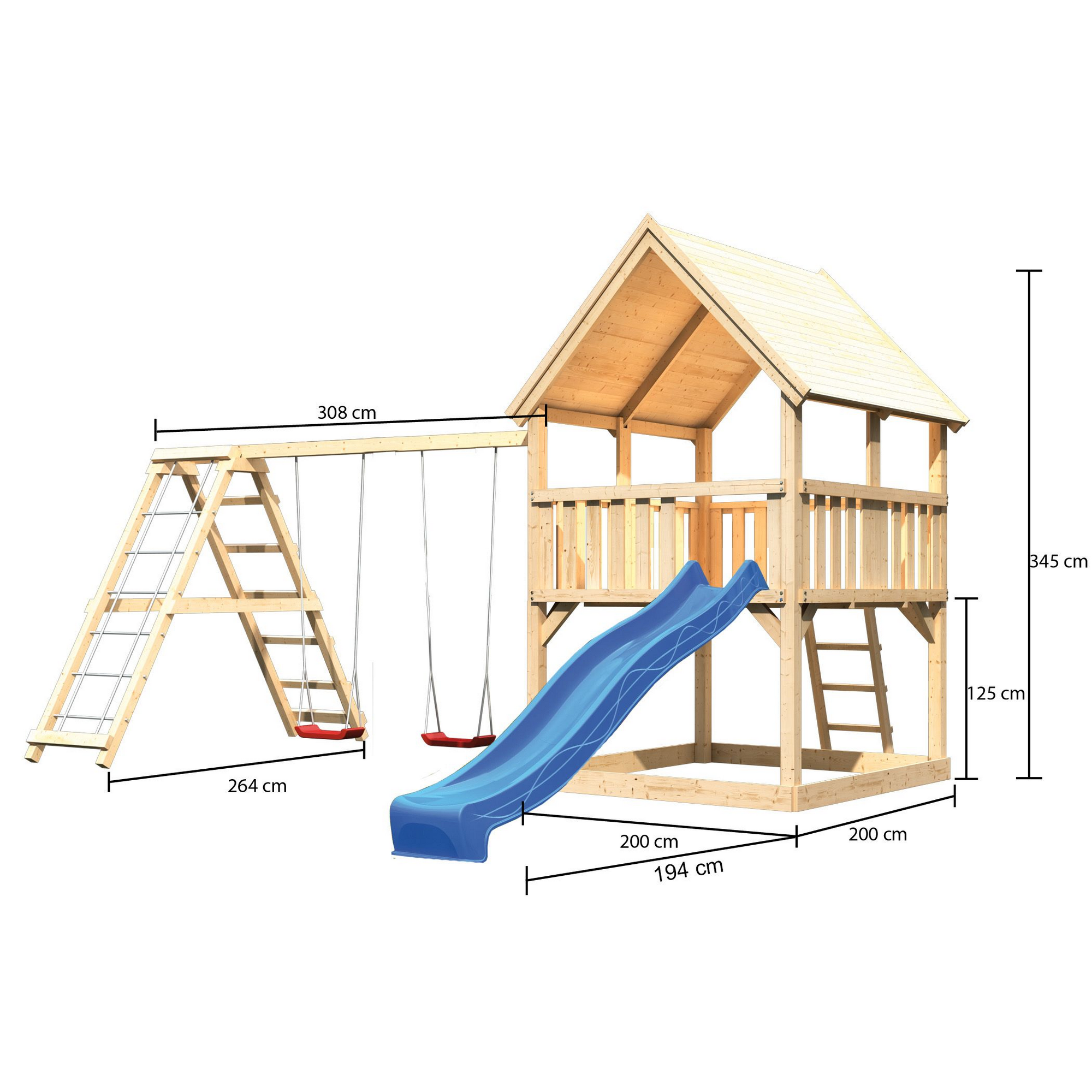 Spielturm 'Ida' naturbelassen mit  Doppelschaukel, Rutsche blau 508 x 394 x 345 cm