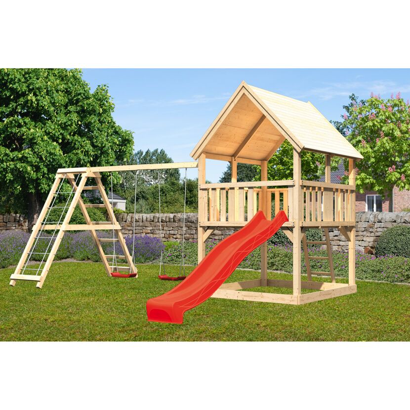 Spielturm 'Ida' naturbelassen mit Doppelschaukel, Rutsche rot  508 x 394 x 345 cm