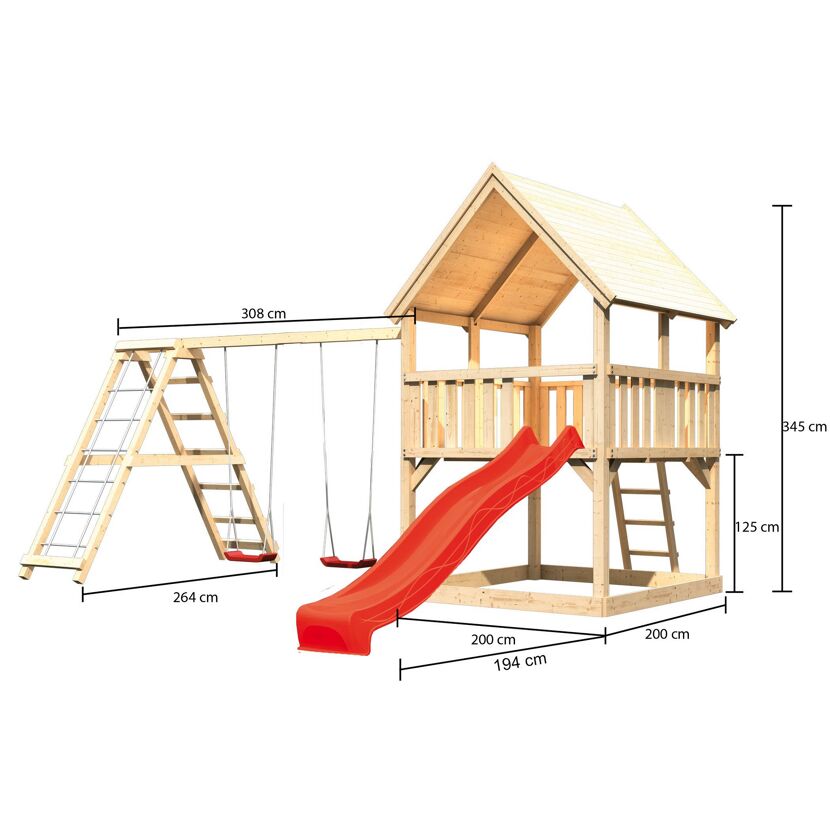 Spielturm 'Ida' naturbelassen mit Doppelschaukel, Rutsche rot  508 x 394 x 345 cm
