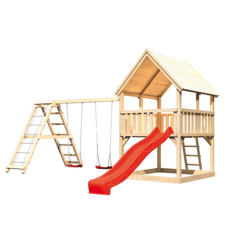 Spielturm 'Ida' naturbelassen mit Doppelschaukel, Rutsche rot  508 x 394 x 345 cm