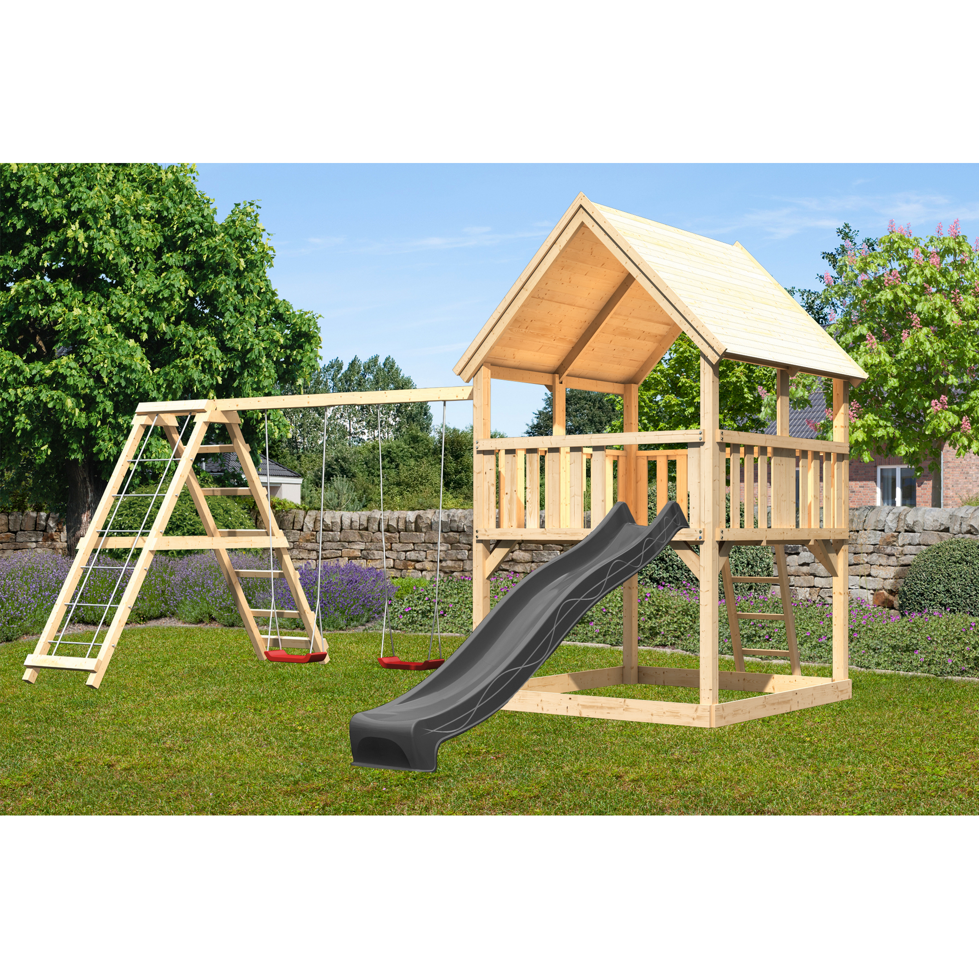 Spielturm 'Ida' naturbelassen mit Doppelschaukel, Rutsche anthrazit 508 x 394 x 345 cm