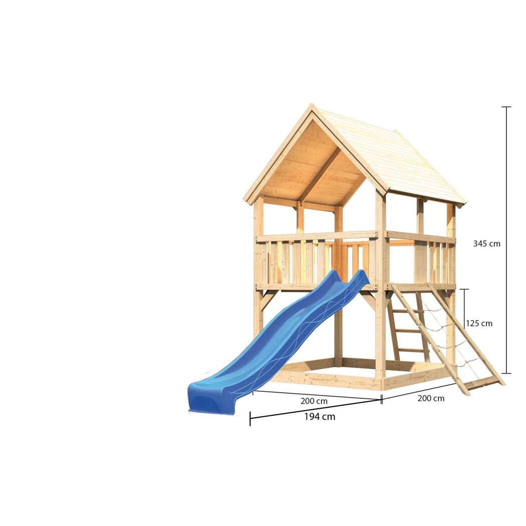 Spielturm 'Ida' naturbelassen mit Netzrampe, Rutsche blau 200 x 394 x 345 cm