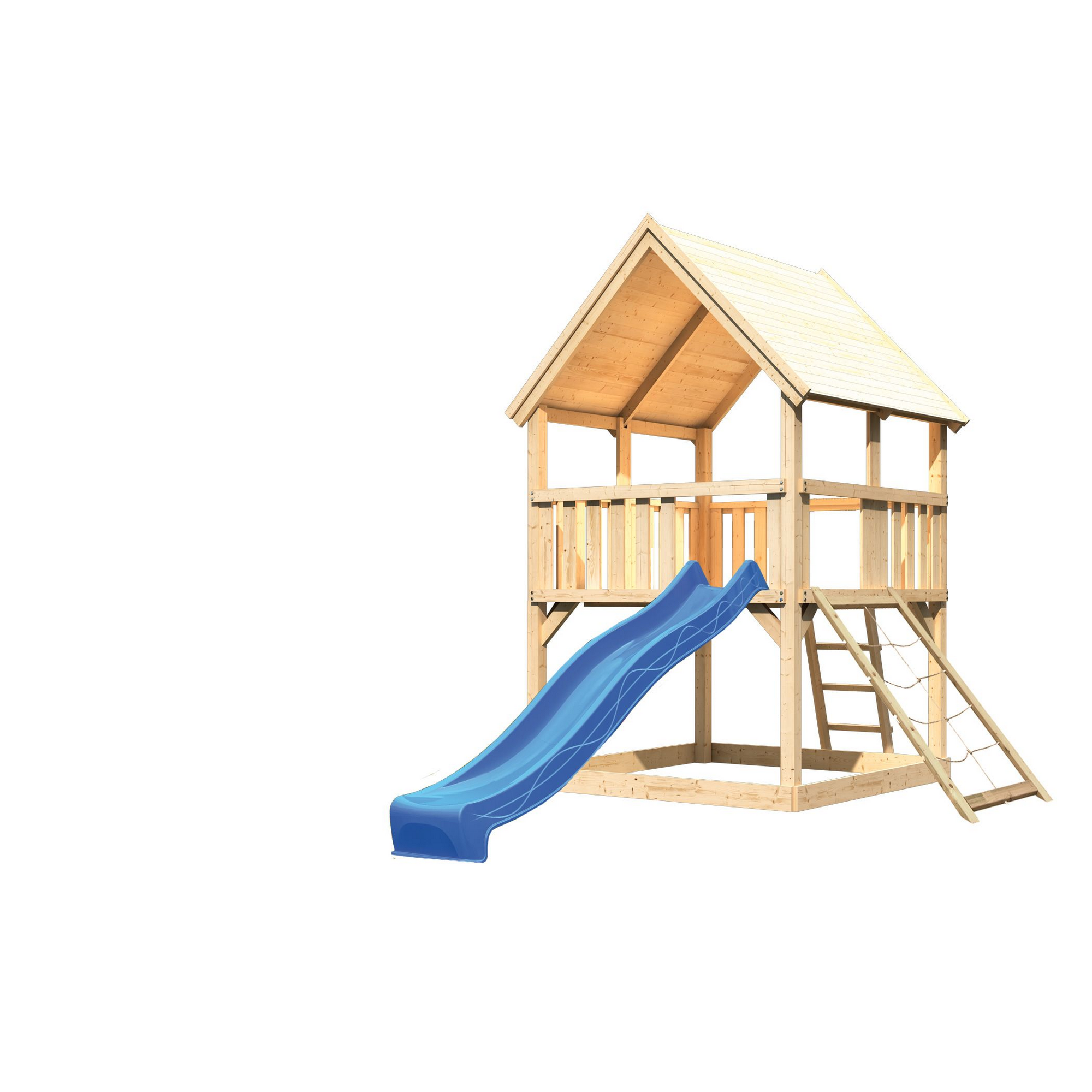 Spielturm 'Ida' naturbelassen mit Netzrampe, Rutsche blau 200 x 394 x 345 cm