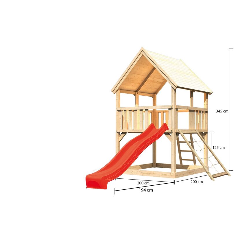Spielturm 'Ida' naturbelassen mit Netzrampe, Rutsche rot 200 x 394 x 345 cm
