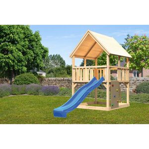 Spielturm 'Ida' naturbelassen mit Kletterwand, Rutsche blau 200 x 394 x 345 cm