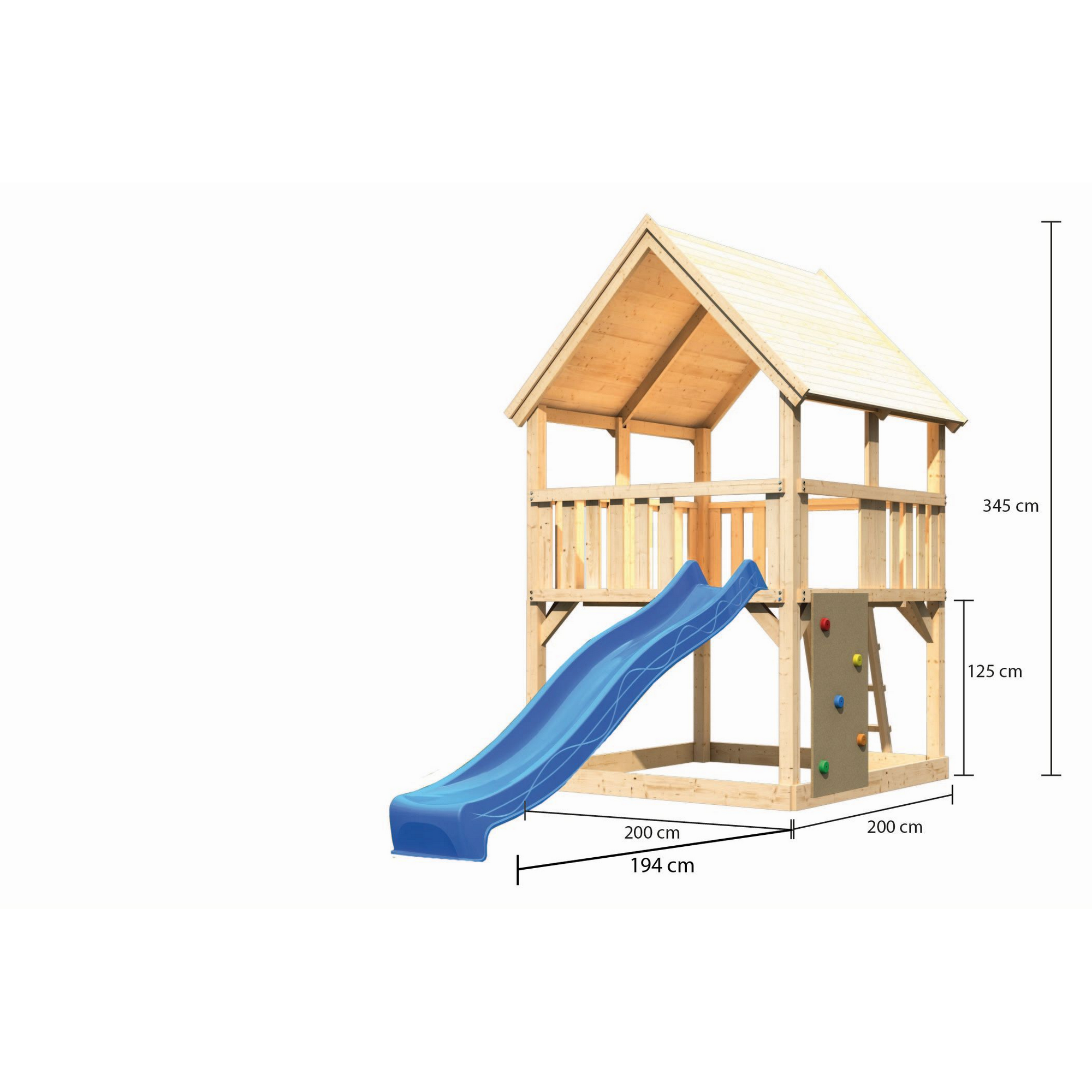 Spielturm 'Ida' naturbelassen mit Kletterwand, Rutsche blau 200 x 394 x 345 cm