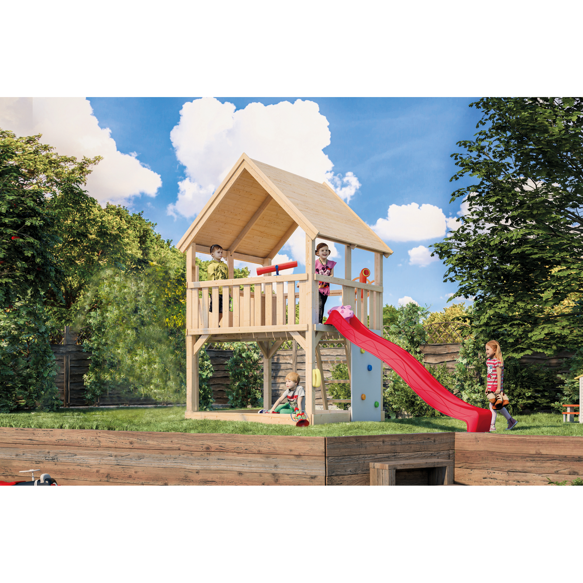 Spielturm 'Ida' naturbelassen mit Kletterwand, Rutsche rot 200 x 394 x 345 cm