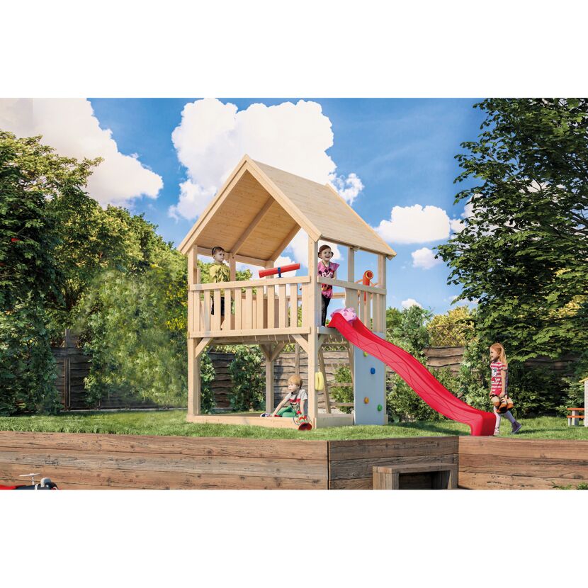 Spielturm 'Ida' naturbelassen mit Kletterwand, Rutsche rot 200 x 394 x 345 cm