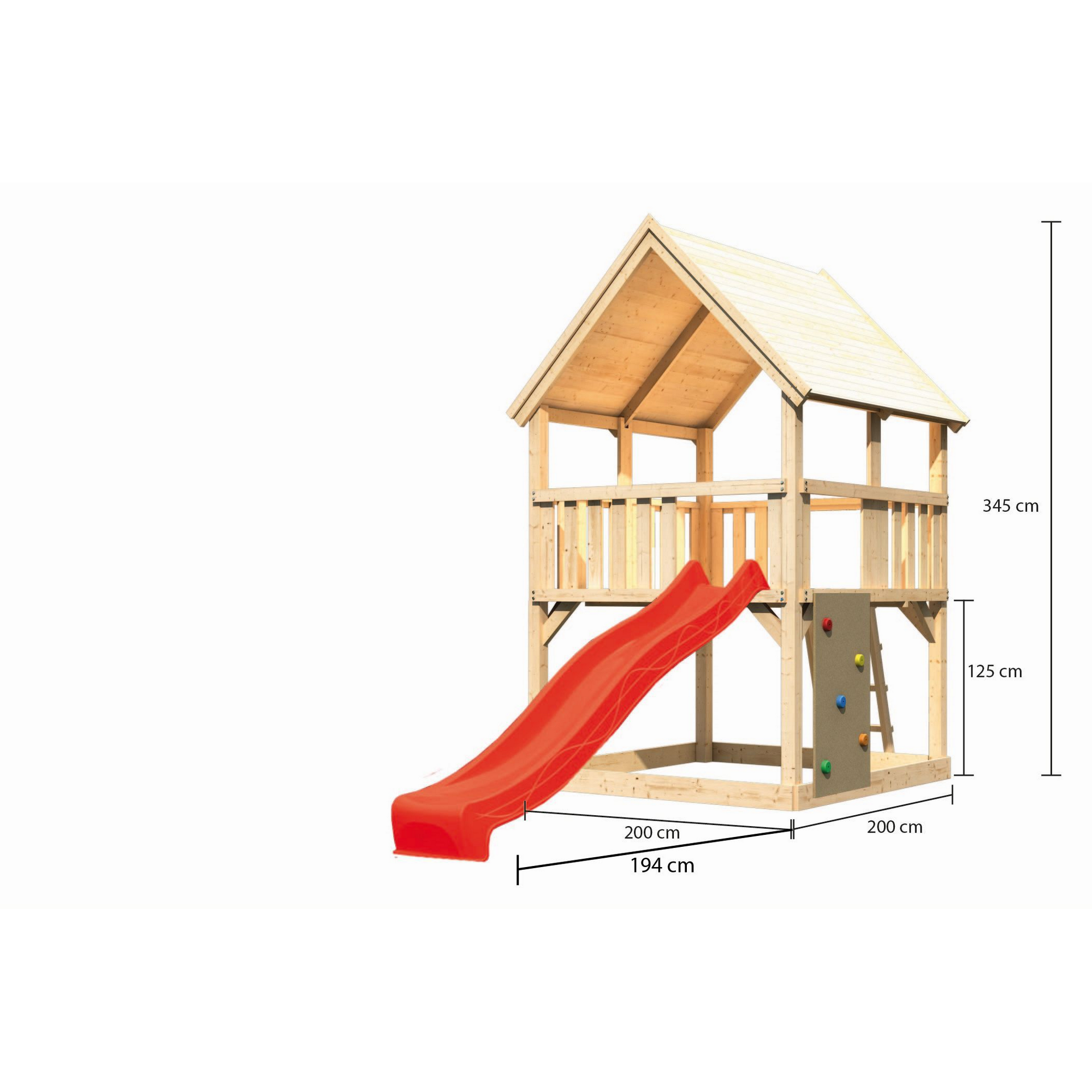 Spielturm 'Ida' naturbelassen mit Kletterwand, Rutsche rot 200 x 394 x 345 cm