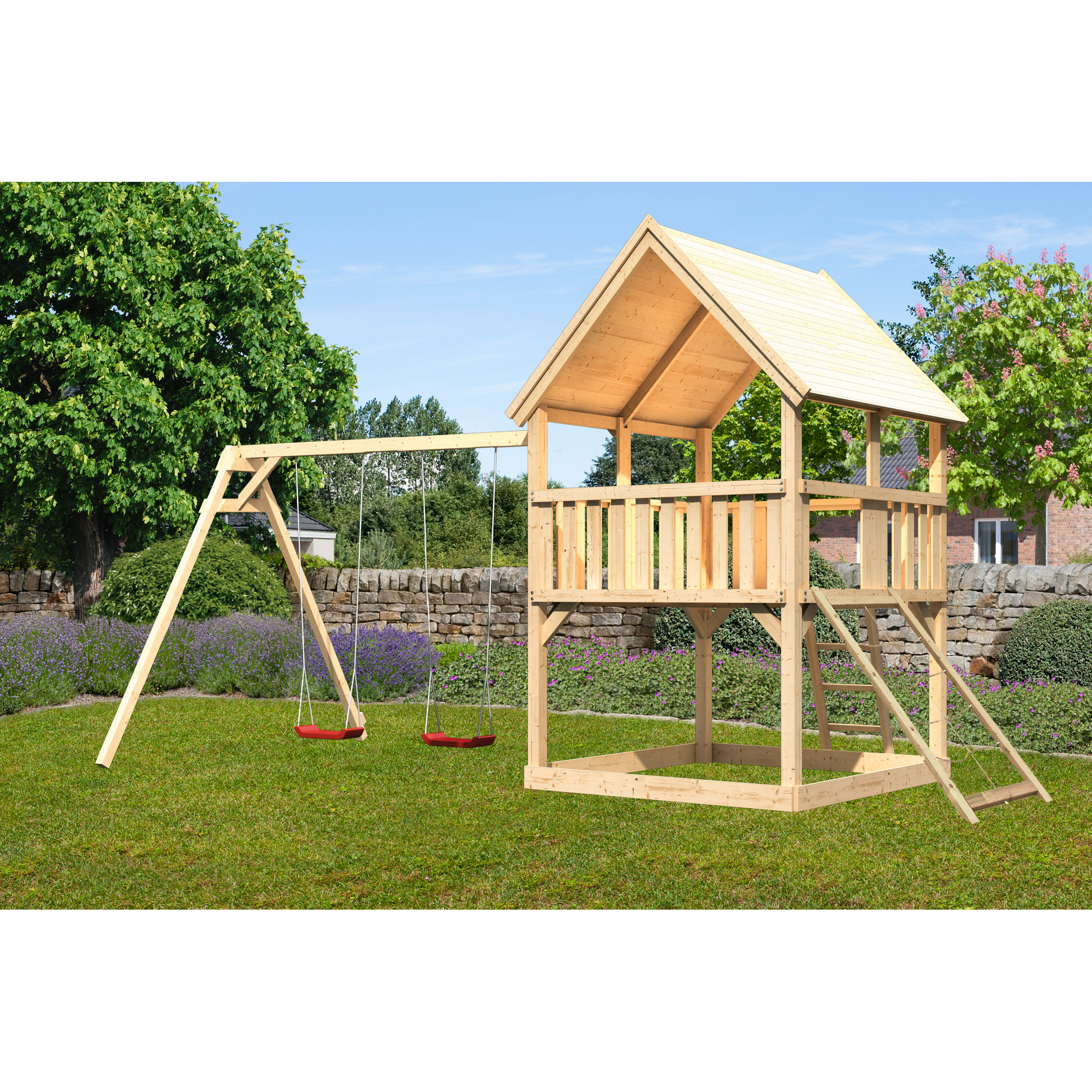 Spielturm 'Ida' naturbelassen mit Doppelschaukel, Netzrampe 440 x 264 x 345 cm