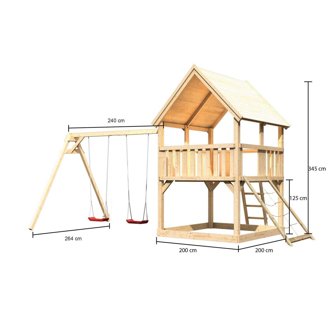 Spielturm 'Ida' naturbelassen mit Doppelschaukel, Netzrampe 440 x 264 x 345 cm
