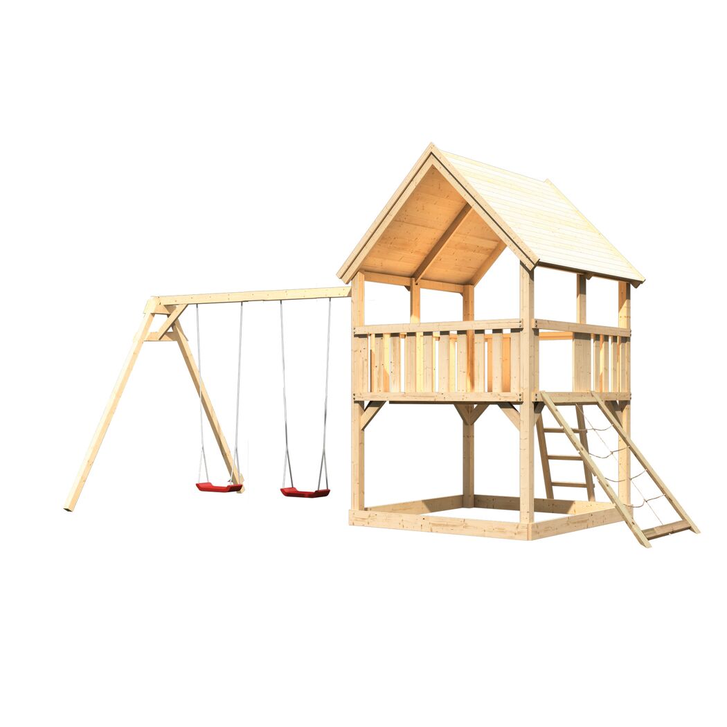 Spielturm 'Ida' naturbelassen mit Doppelschaukel, Netzrampe 440 x 264 x 345 cm