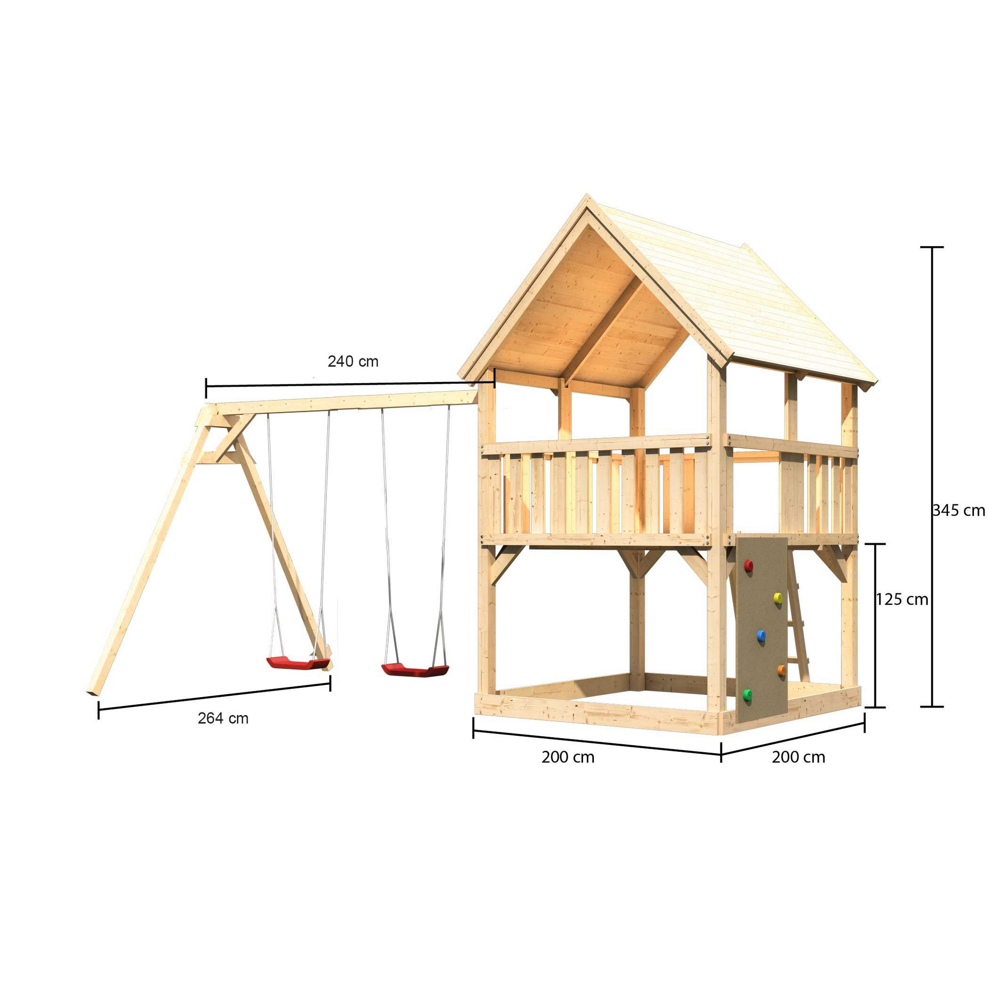 Spielturm 'Ida' naturbelassen mit Doppelschaukel, Kletterwand 440 x 264 x 345 cm