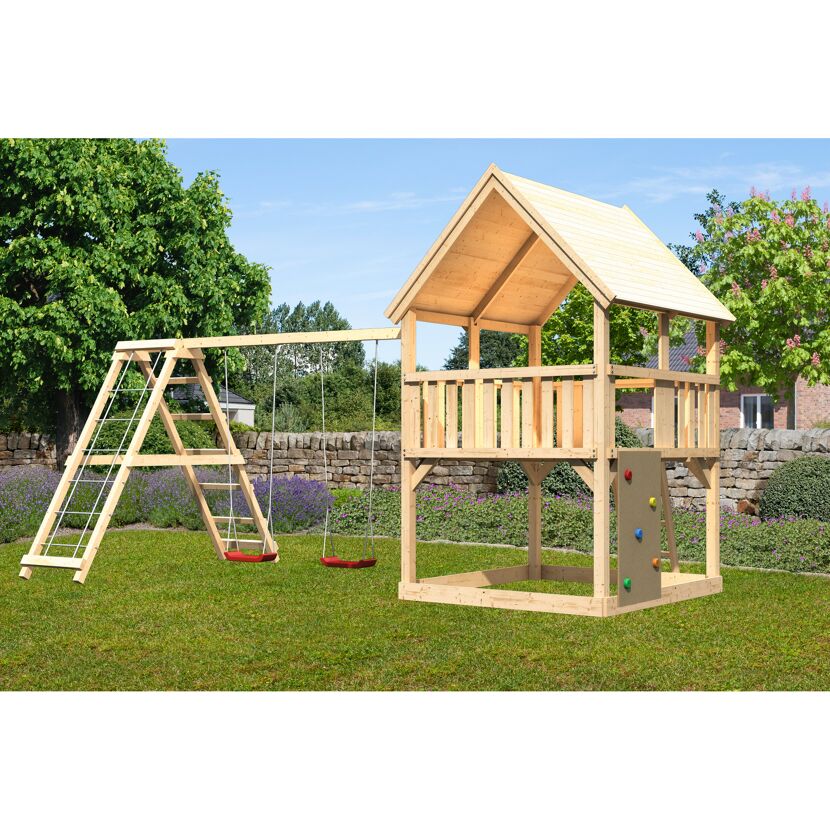 Spielturm 'Ida' naturbelassen mit Doppelschaukel, Kletterwand 508 x 264 x 345 cm