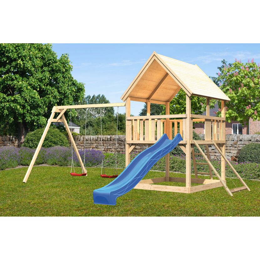 Spielturm 'Ida' naturbelassen mit Doppelschaukel, Rutsche blau 440 x 394 x 345 cm