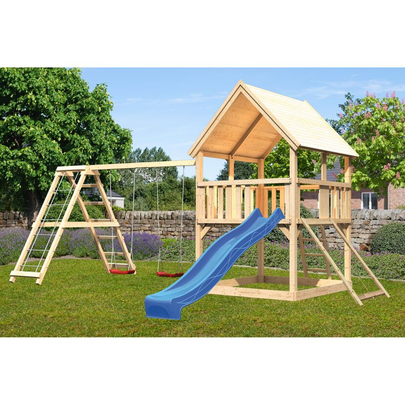 Spielturm 'Ida' naturbelassen mit Doppelschaukel, Rutsche blau 508 x 394 x 345 cm