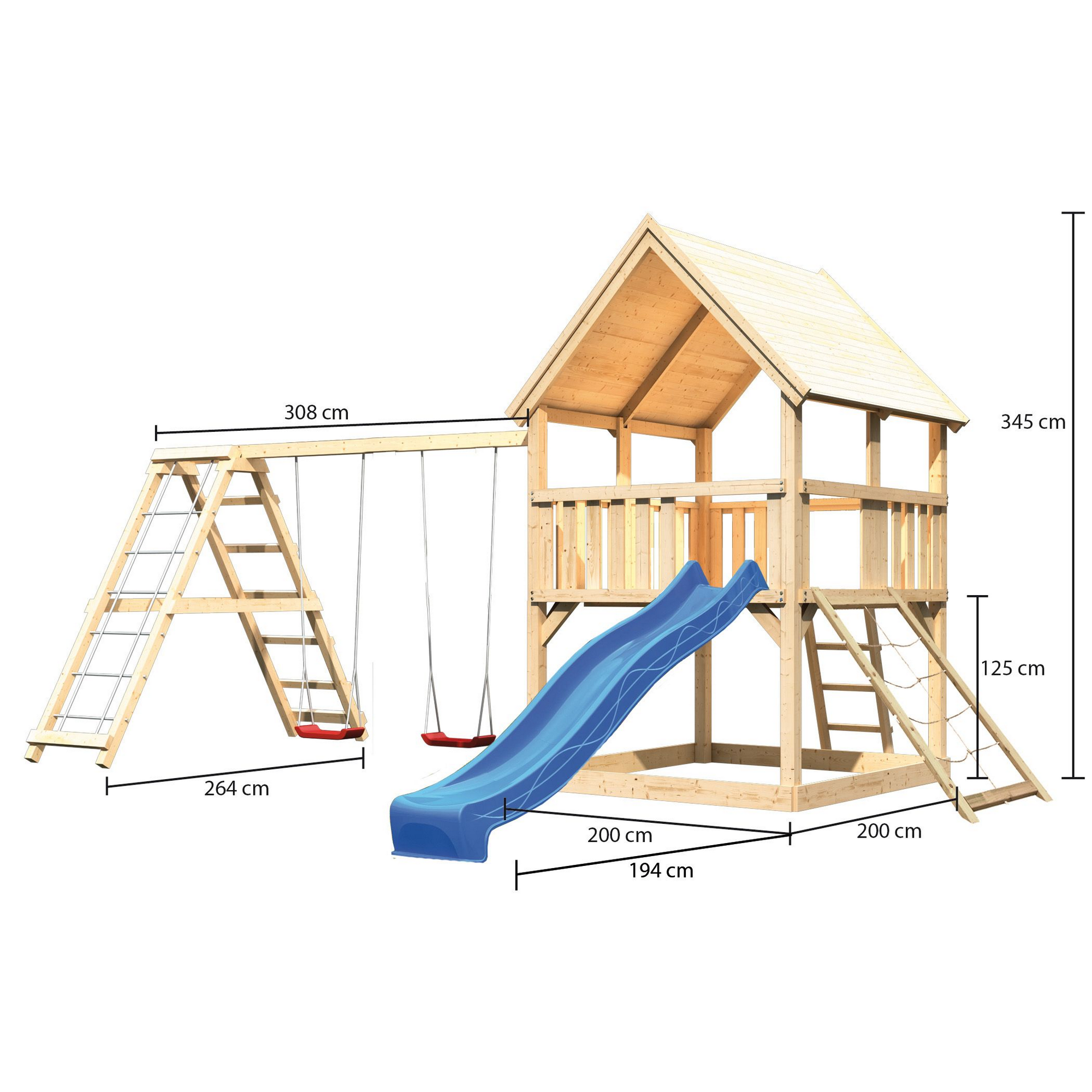 Spielturm 'Ida' naturbelassen mit Doppelschaukel, Rutsche blau 508 x 394 x 345 cm