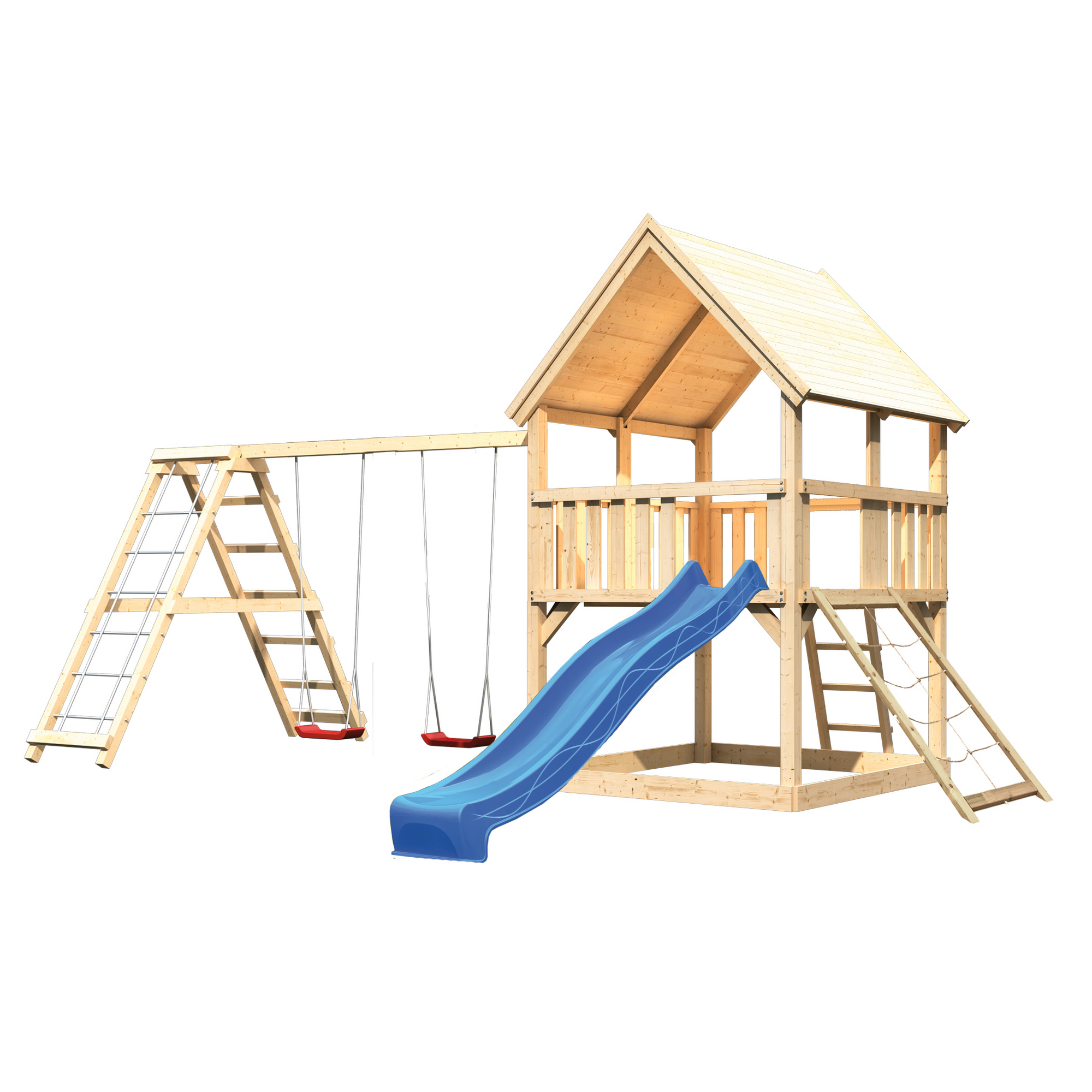 Spielturm 'Ida' naturbelassen mit Doppelschaukel, Rutsche blau 508 x 394 x 345 cm
