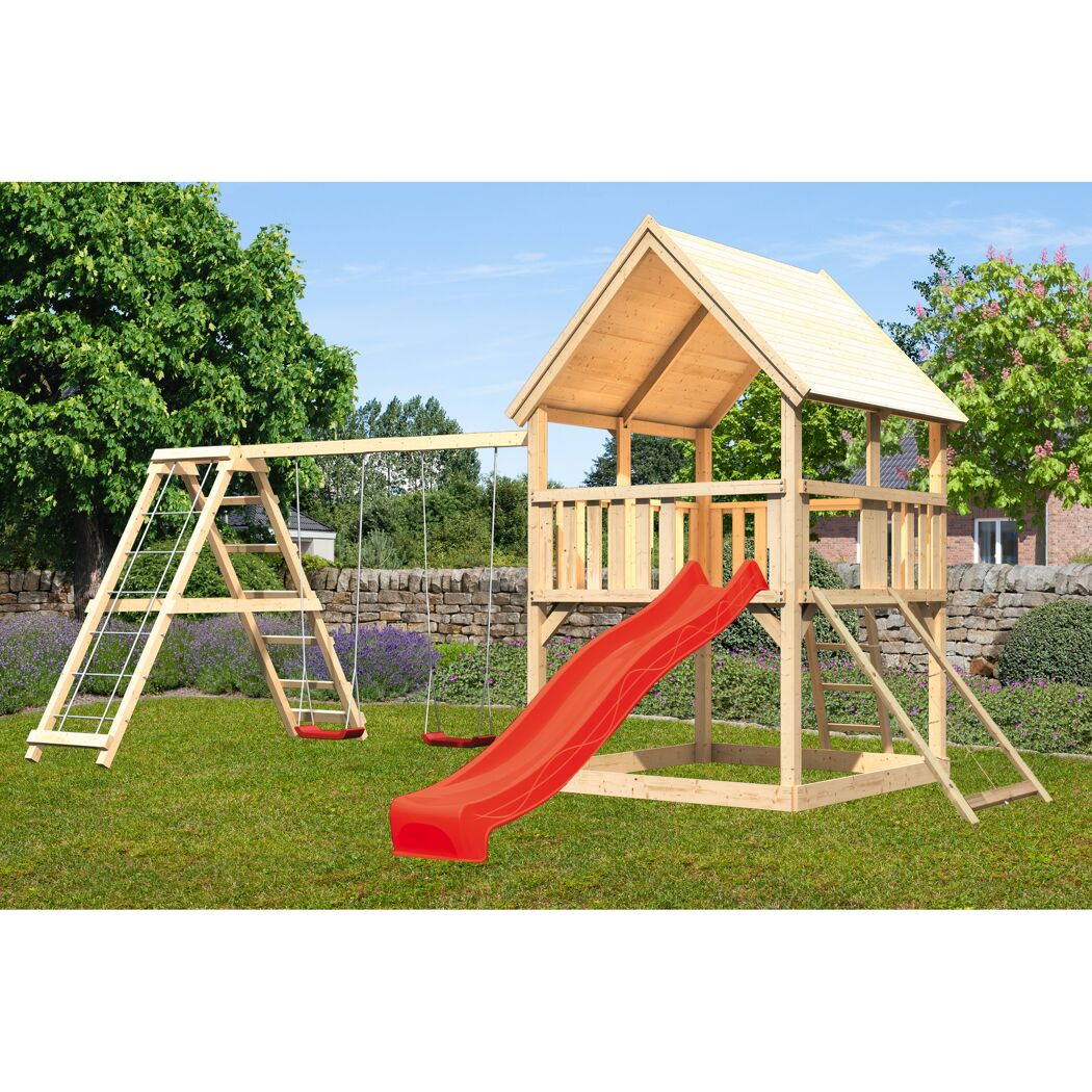 Spielturm 'Ida' naturbelassen mit Rutsche rot, Doppelschaukel 508 x 394 x 345 cm