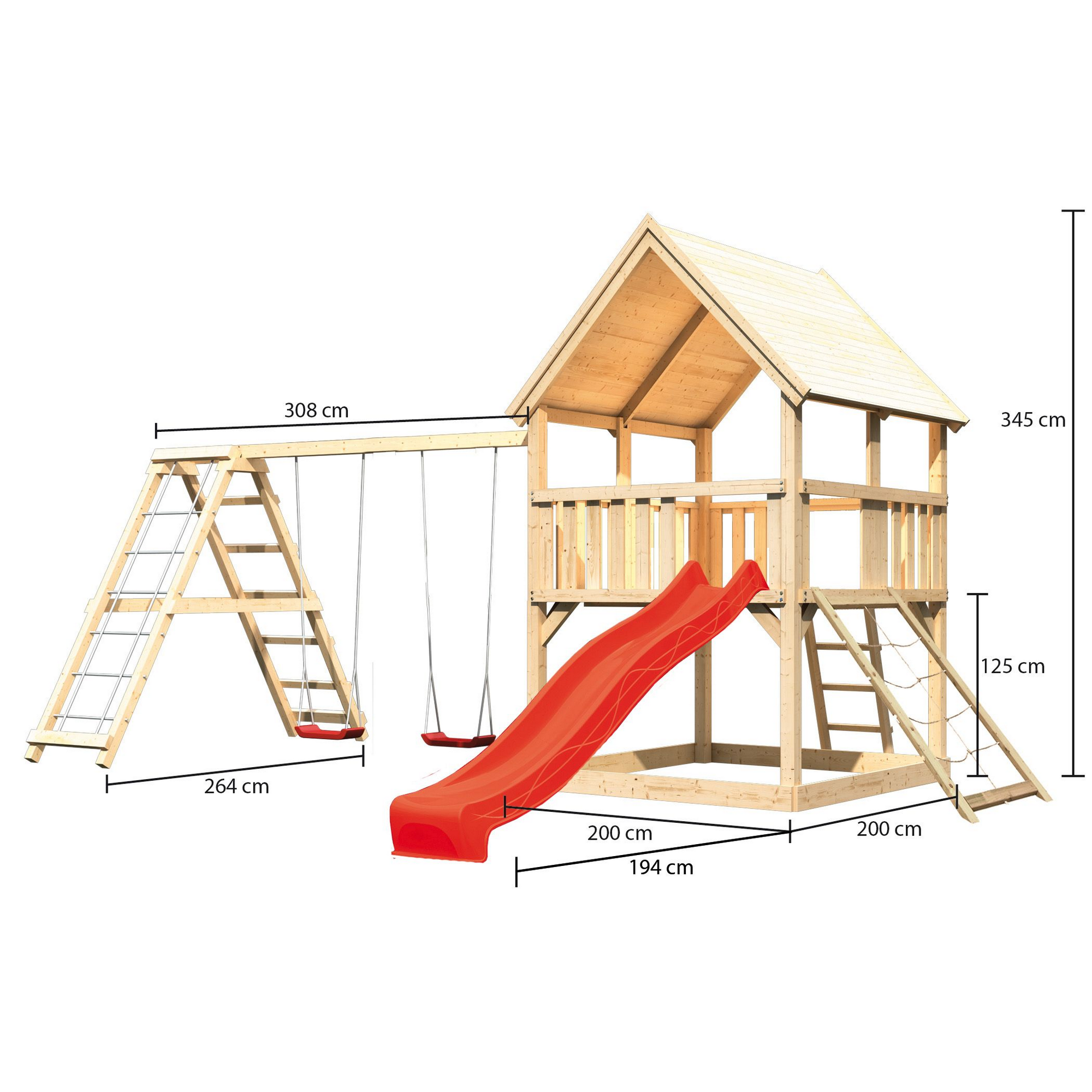 Spielturm 'Ida' naturbelassen mit Rutsche rot, Doppelschaukel 508 x 394 x 345 cm