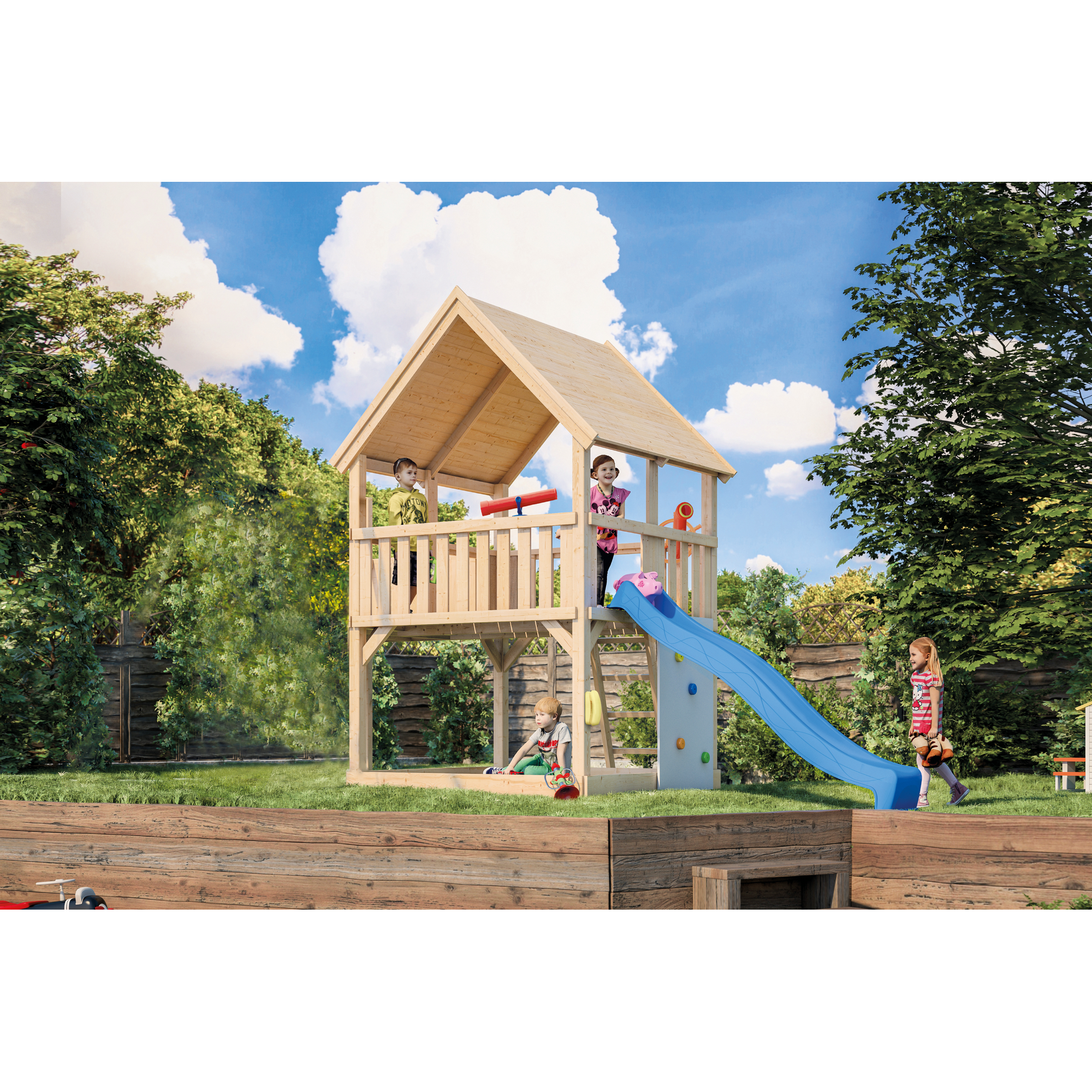 Spielturm 'Ida' naturbelassen mit Doppelschaukel, Rutsche blau 440 x 394 x 345 cm