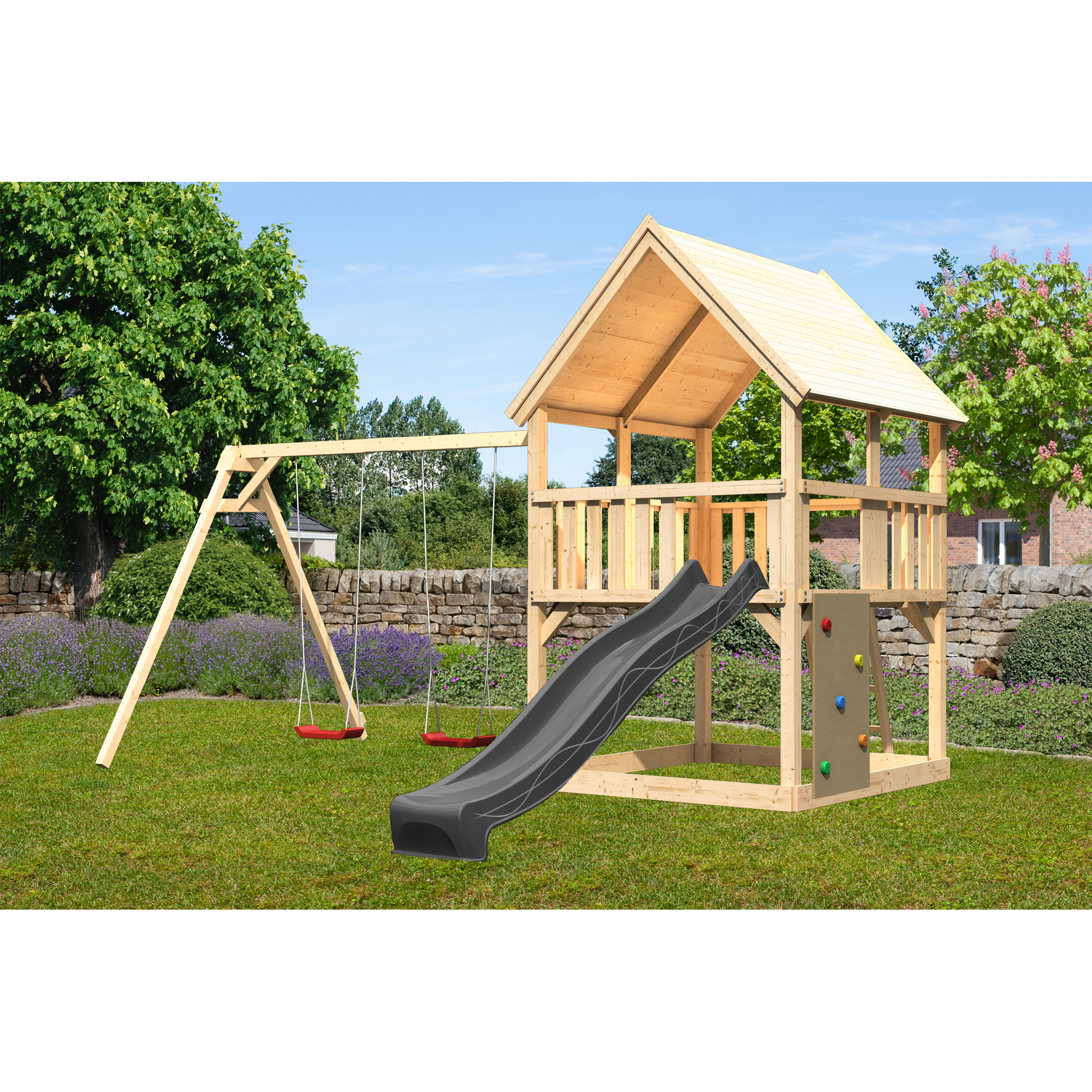Spielturm 'Ida' naturbelassen mit Doppelschaukel, Rutsche anthrazit 440 x 394 x 345 cm