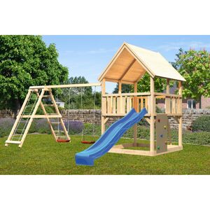 Spielturm 'Ida' naturbelassen mit Rutsche blau, Doppelschaukel 508 x 394 x 345 cm