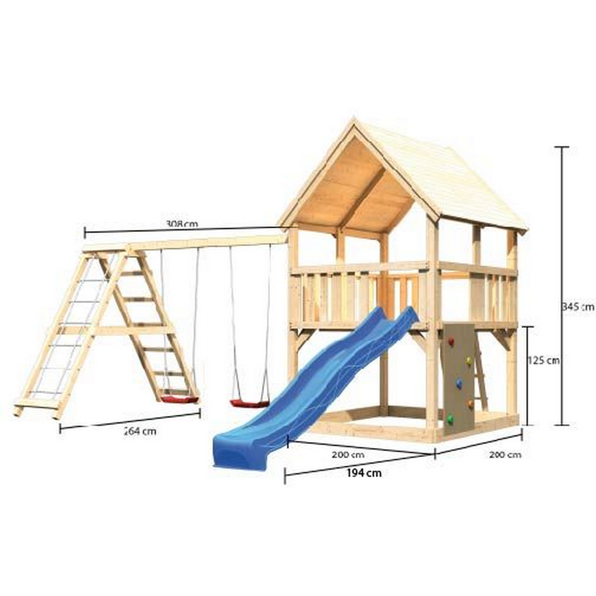 Spielturm 'Ida' naturbelassen mit Rutsche blau, Doppelschaukel 508 x 394 x 345 cm
