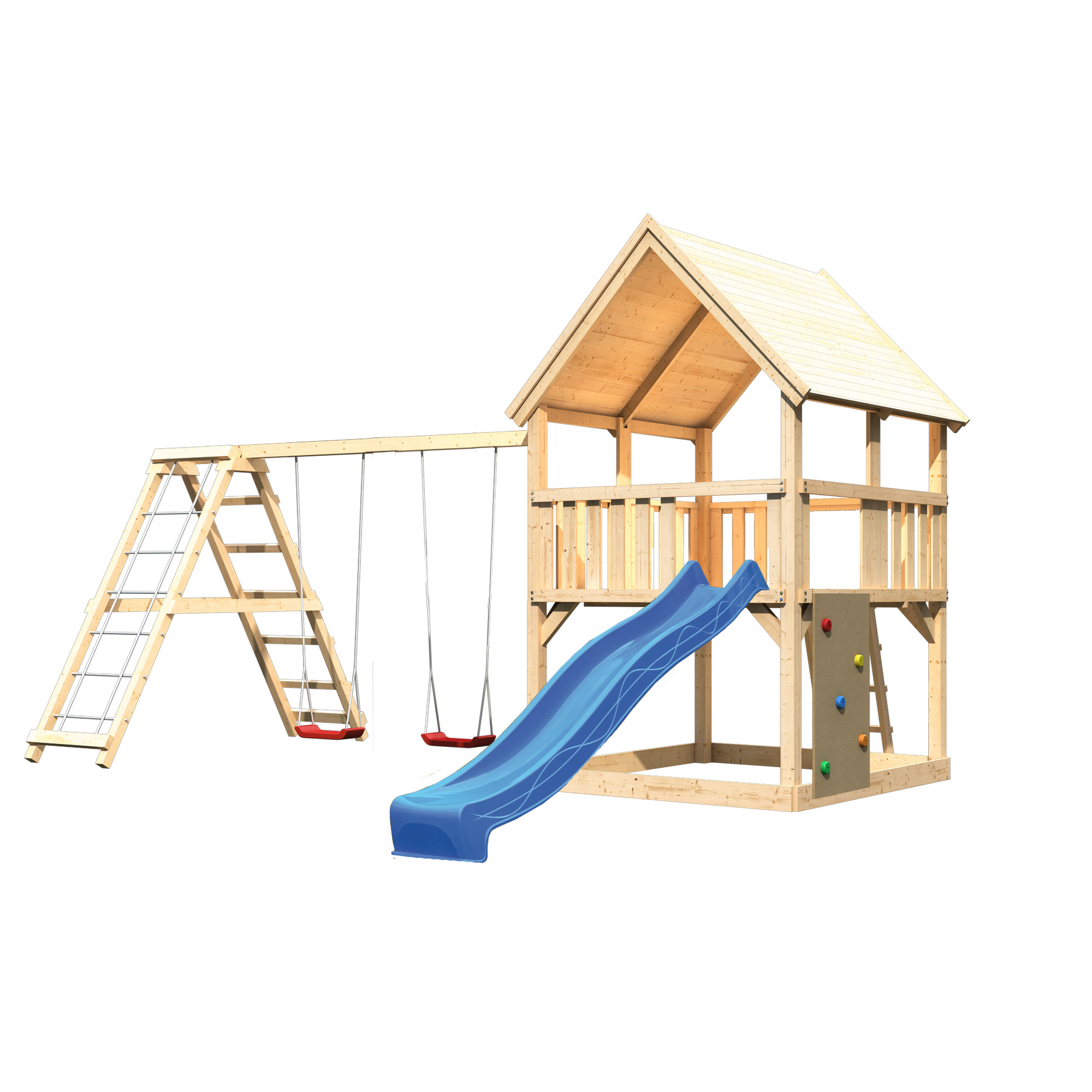 Spielturm 'Ida' naturbelassen mit Rutsche blau, Doppelschaukel 508 x 394 x 345 cm