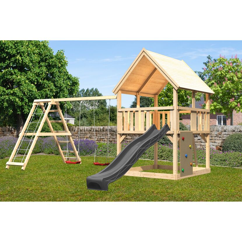 Spielturm 'Ida' naturbelassen mit Doppelschaukel, Rutsche anthrazit 508 x 394 x 345 cm