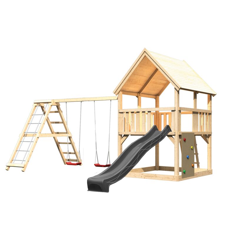Spielturm 'Ida' naturbelassen mit Doppelschaukel, Rutsche anthrazit 508 x 394 x 345 cm