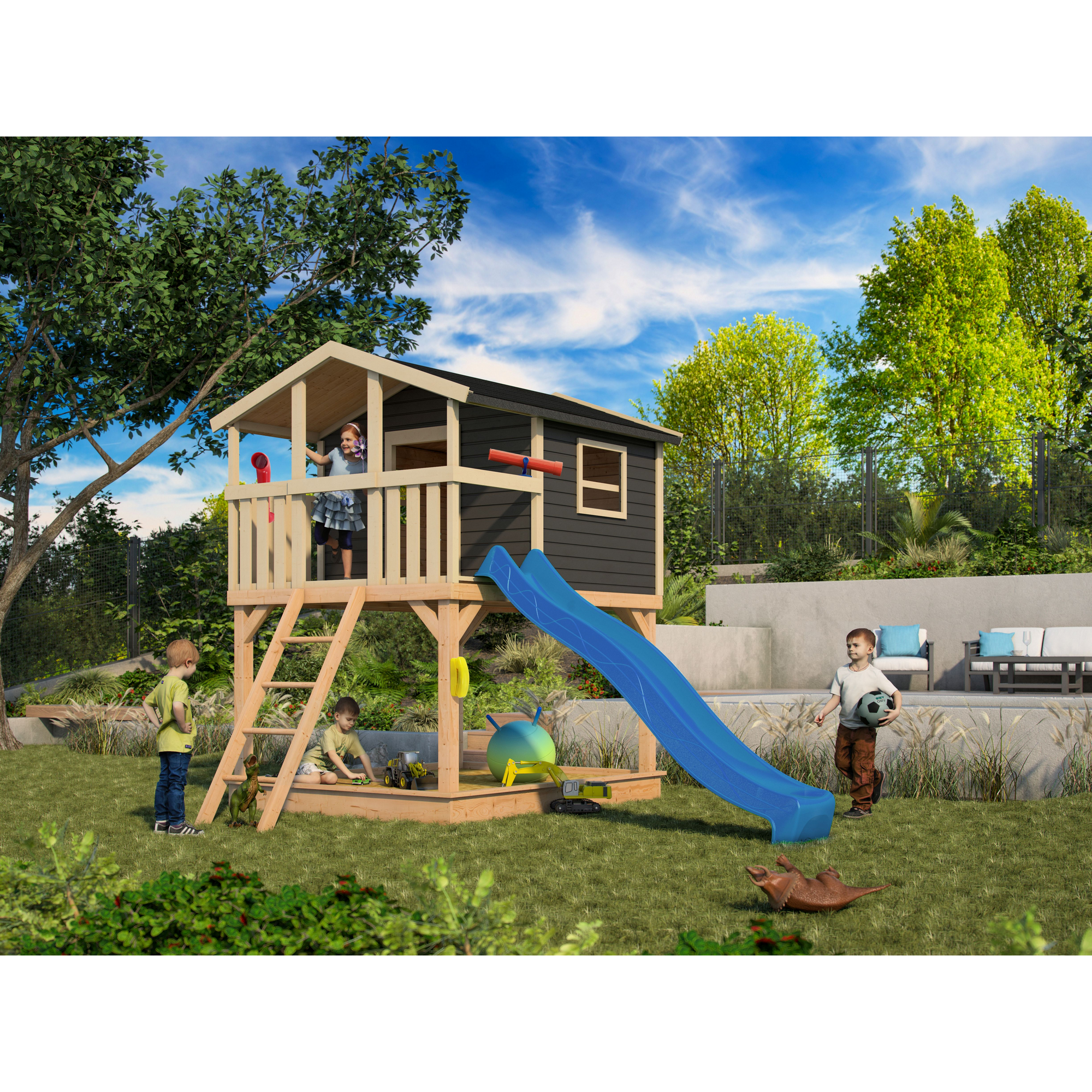 Stelzenhaus 'Ciana' terragrau mit Rutsche blau 440 x 244 x 309 cm