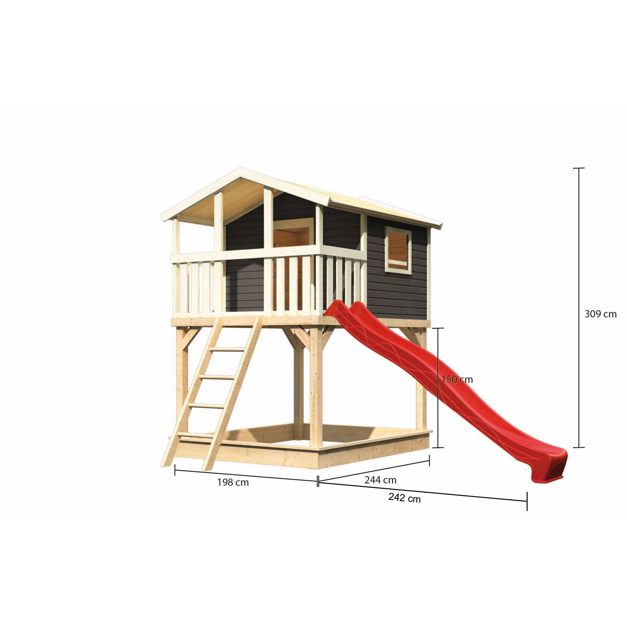 Stelzenhaus 'Ciana' terragrau mit Rutsche rot 440 x 244 x 309 cm