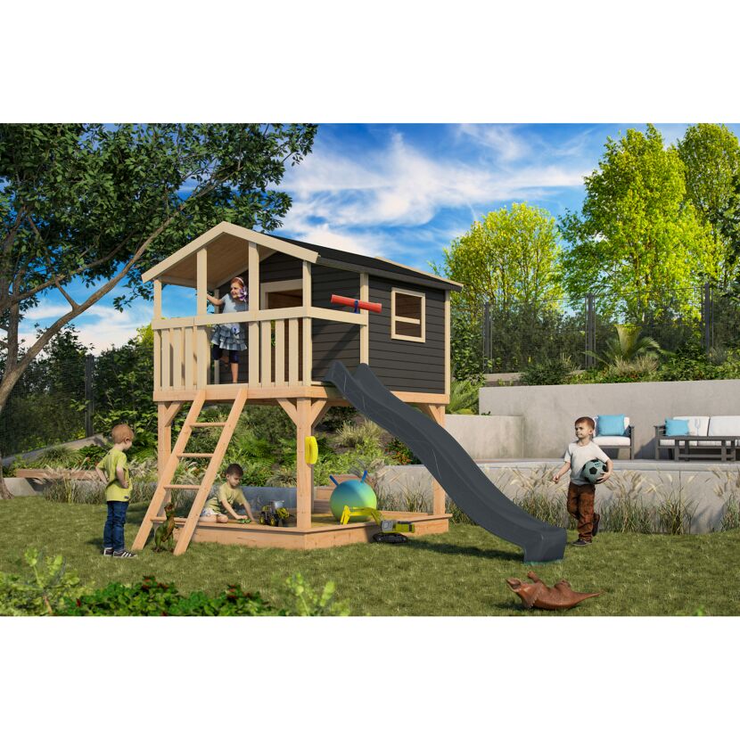 Stelzenhaus 'Ciana' terragrau mit Rutsche anthrazit 440 x 244 x 309 cm