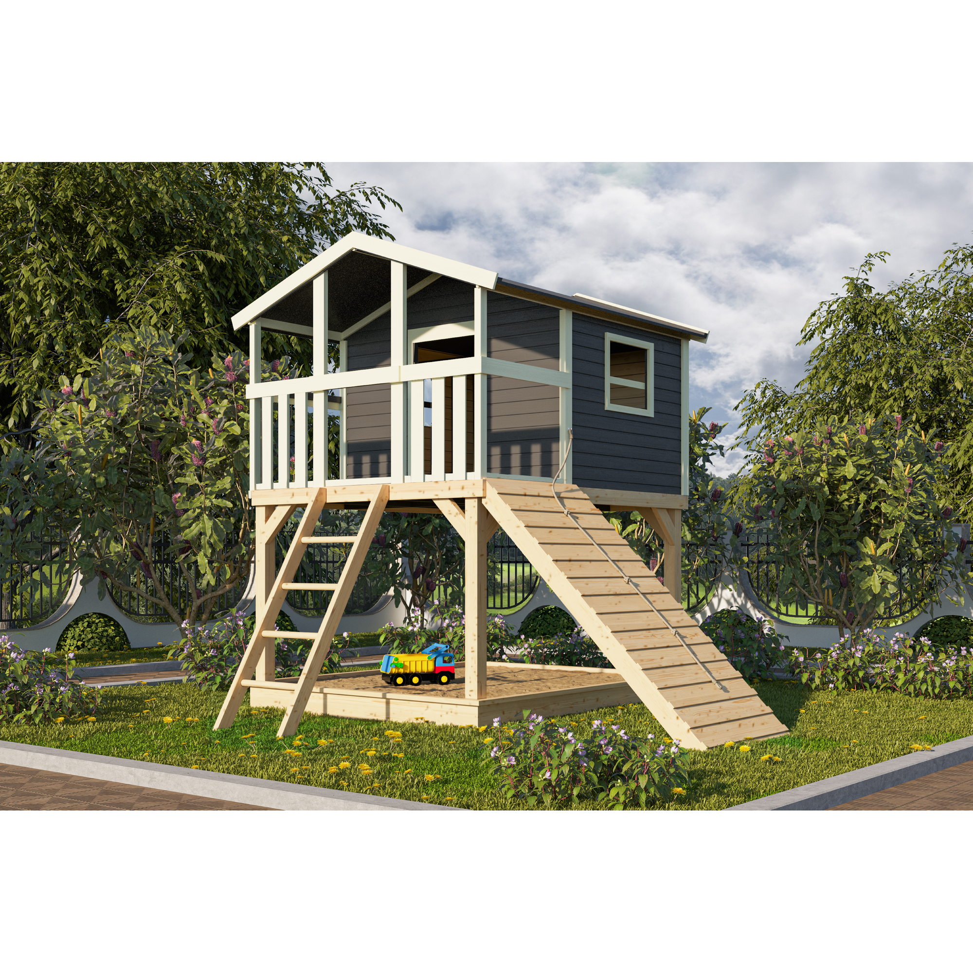 Stelzenhaus 'Ciana' terragrau mit Holzrampe 198 x 244 x 309 cm