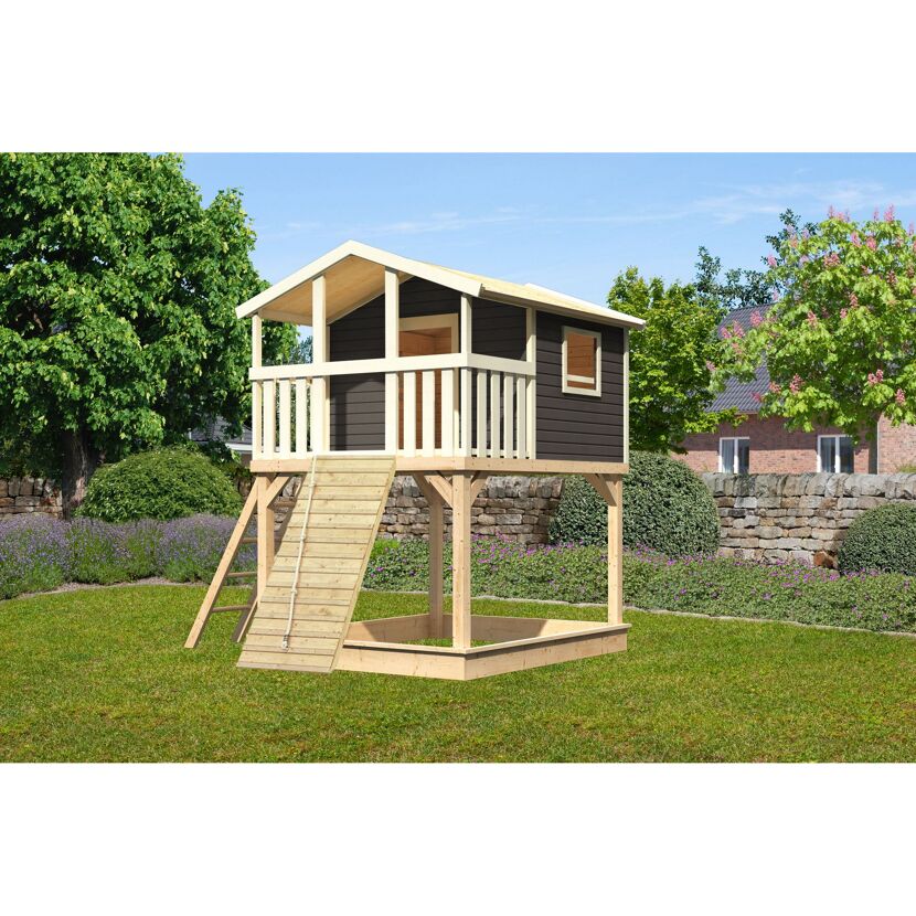 Stelzenhaus 'Ciana' terragrau mit Holzrampe 198 x 244 x 309 cm