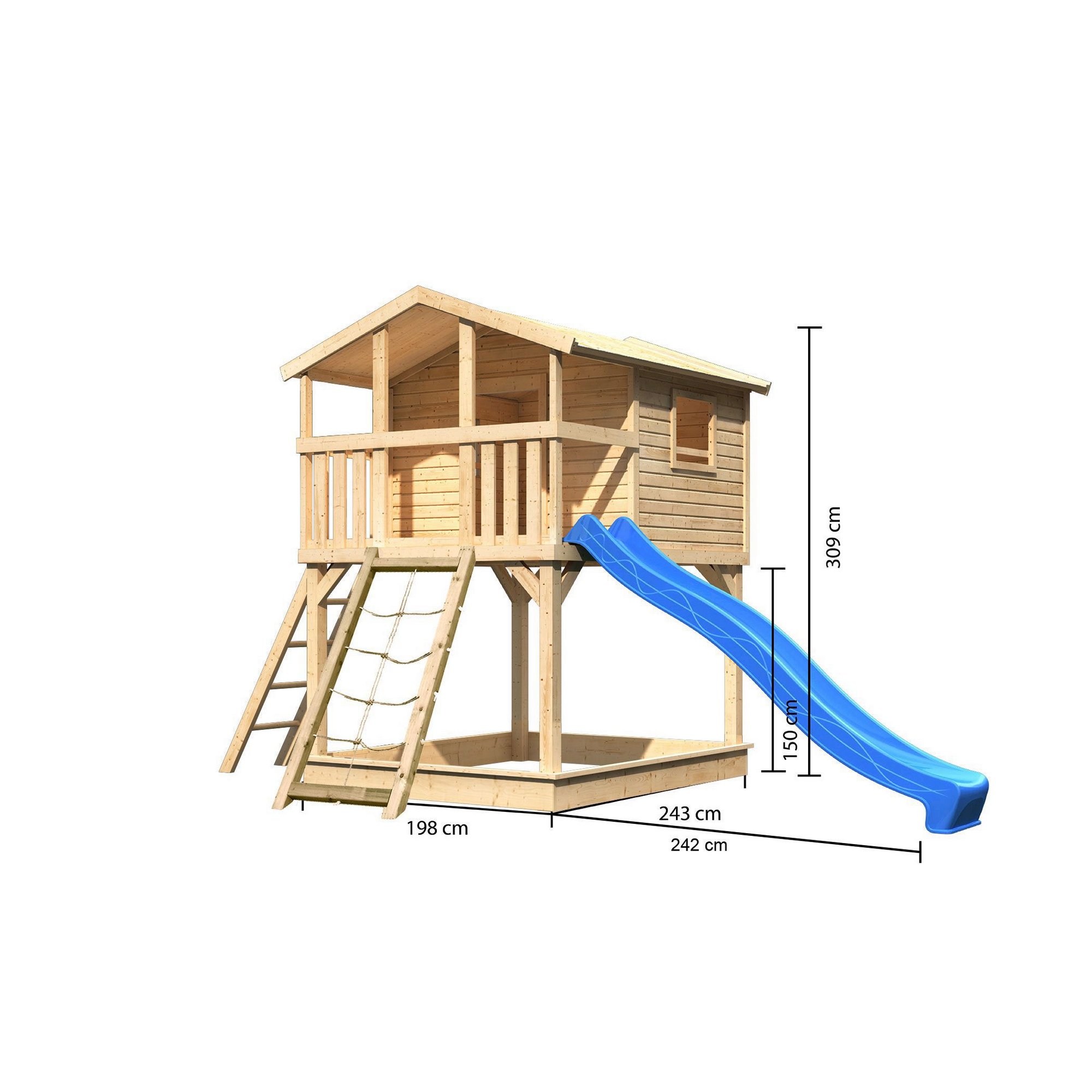 Stelzenhaus 'Ciana' naturbelassen mit Netzrampe, Rutsche blau 440 x 244 x 309 cm