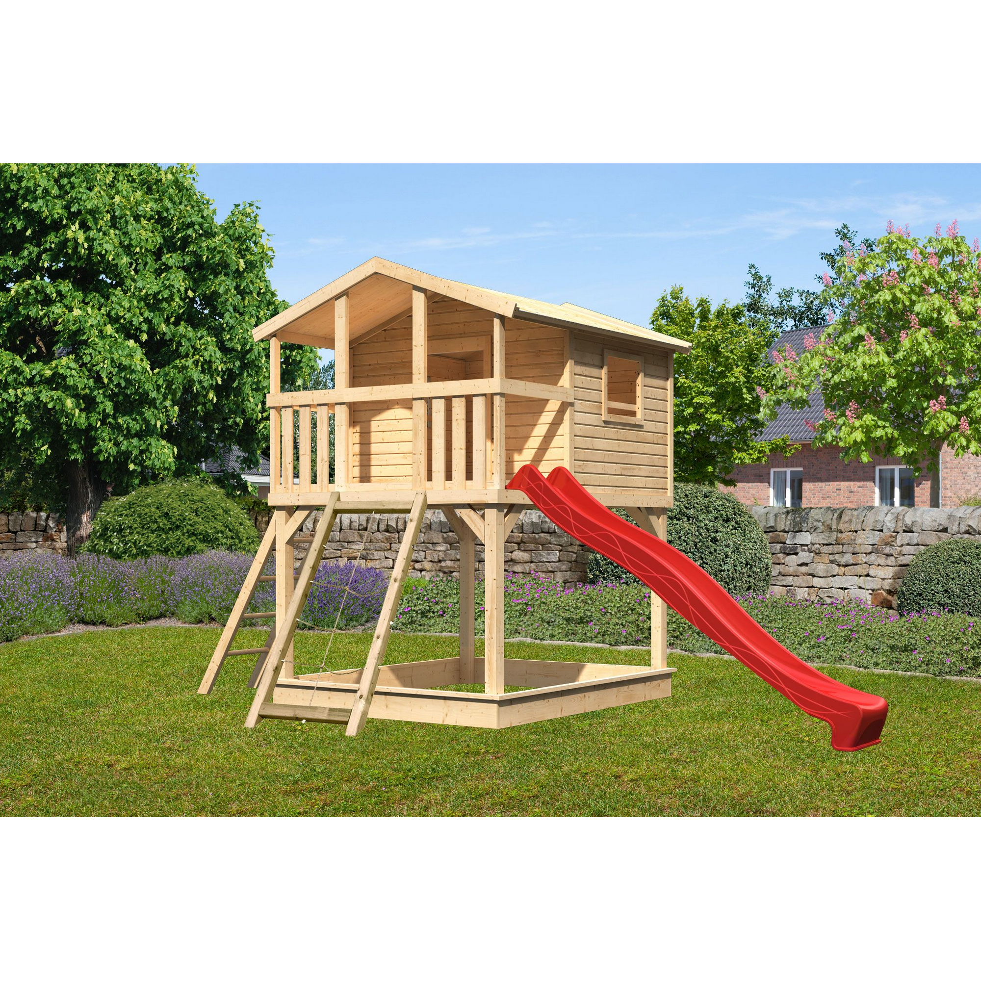 Stelzenhaus 'Ciana' naturbelassen mit Netzrampe, Rutsche rot 440 x 244 x 309 cm